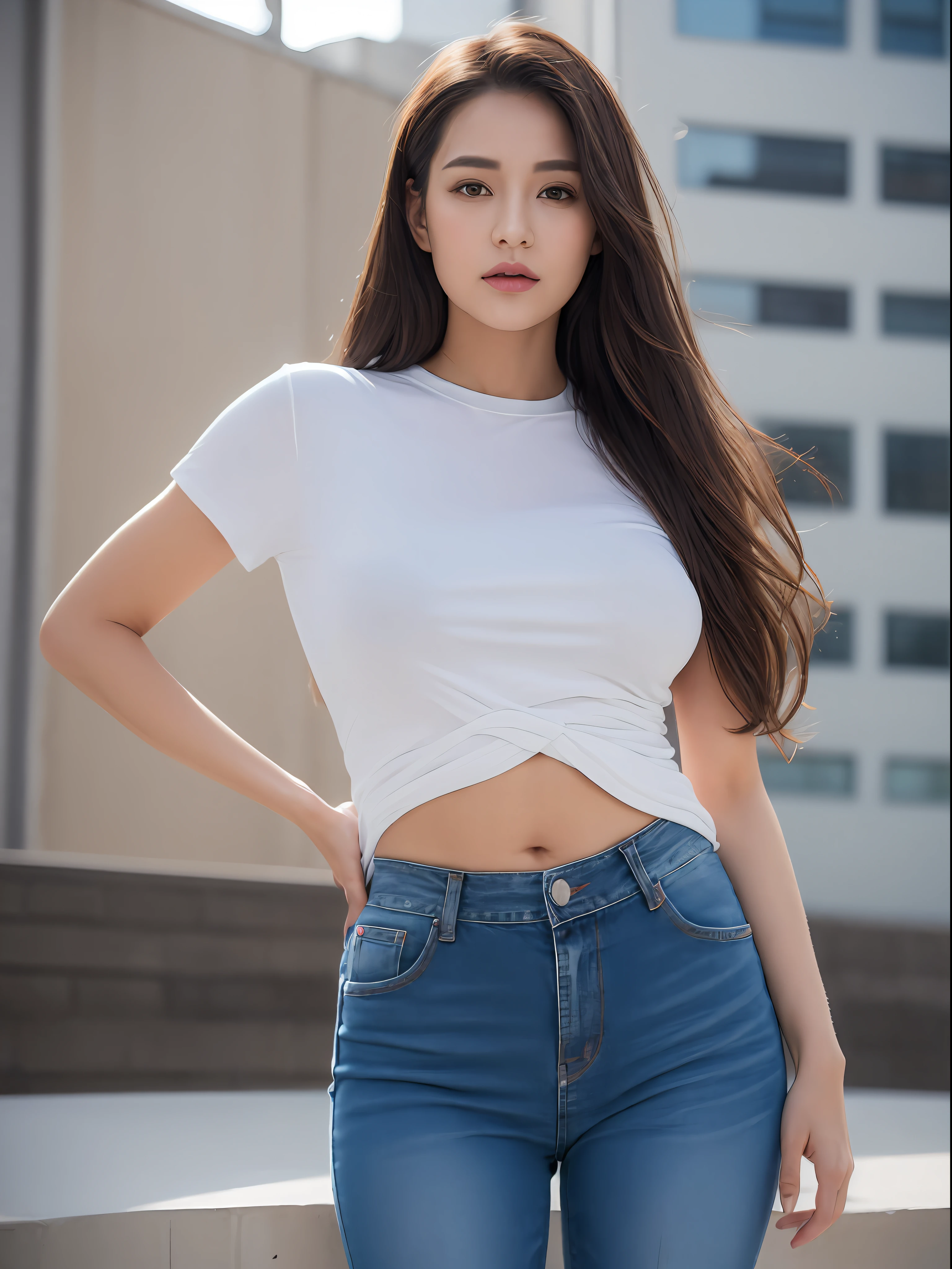 ((midynight, Need, 8K, tmasterpiece)), Whole body curve, Long legs, Close-up photography, perfect figure beautiful woman, Slim abs, long and dark brown hair, Plump breasts, white tight t-shirt, denim pant, Standing posture, Building roof background, Highly detailed facial and skin texture, Detailed eyes and double eyelids。