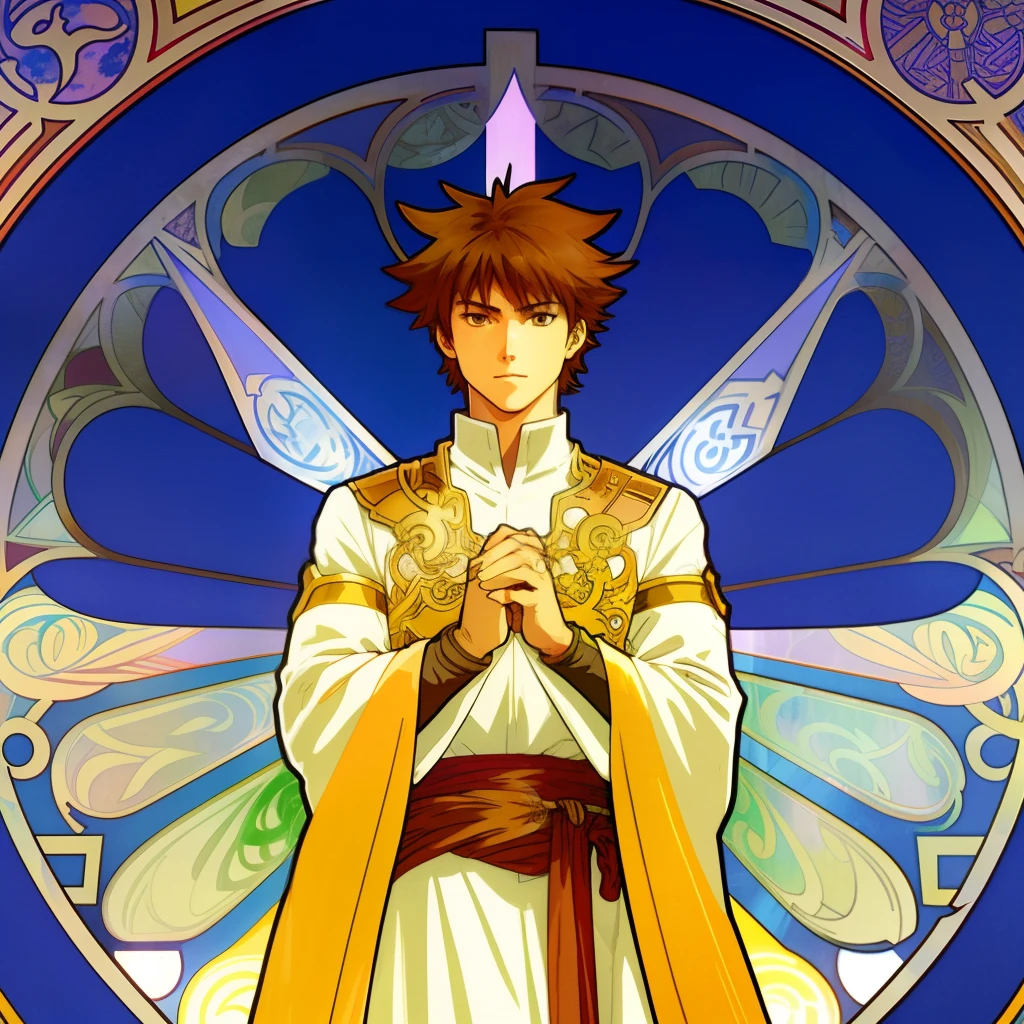 A anime hero hero of the light, style of Alphonse Mucha