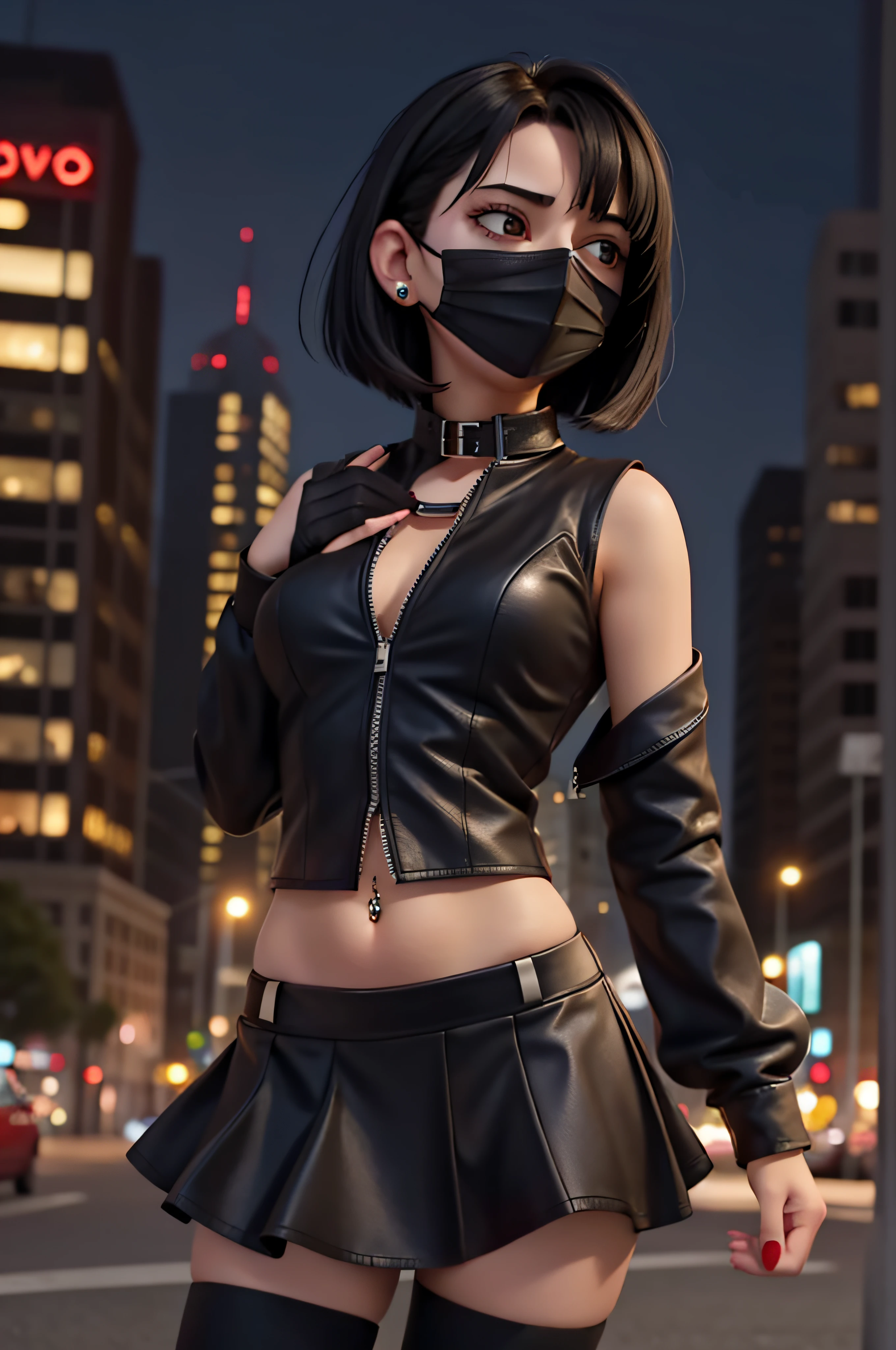 1 girl, 18 years old, short black hair, scream mask, night city, navel piercing, black skirt