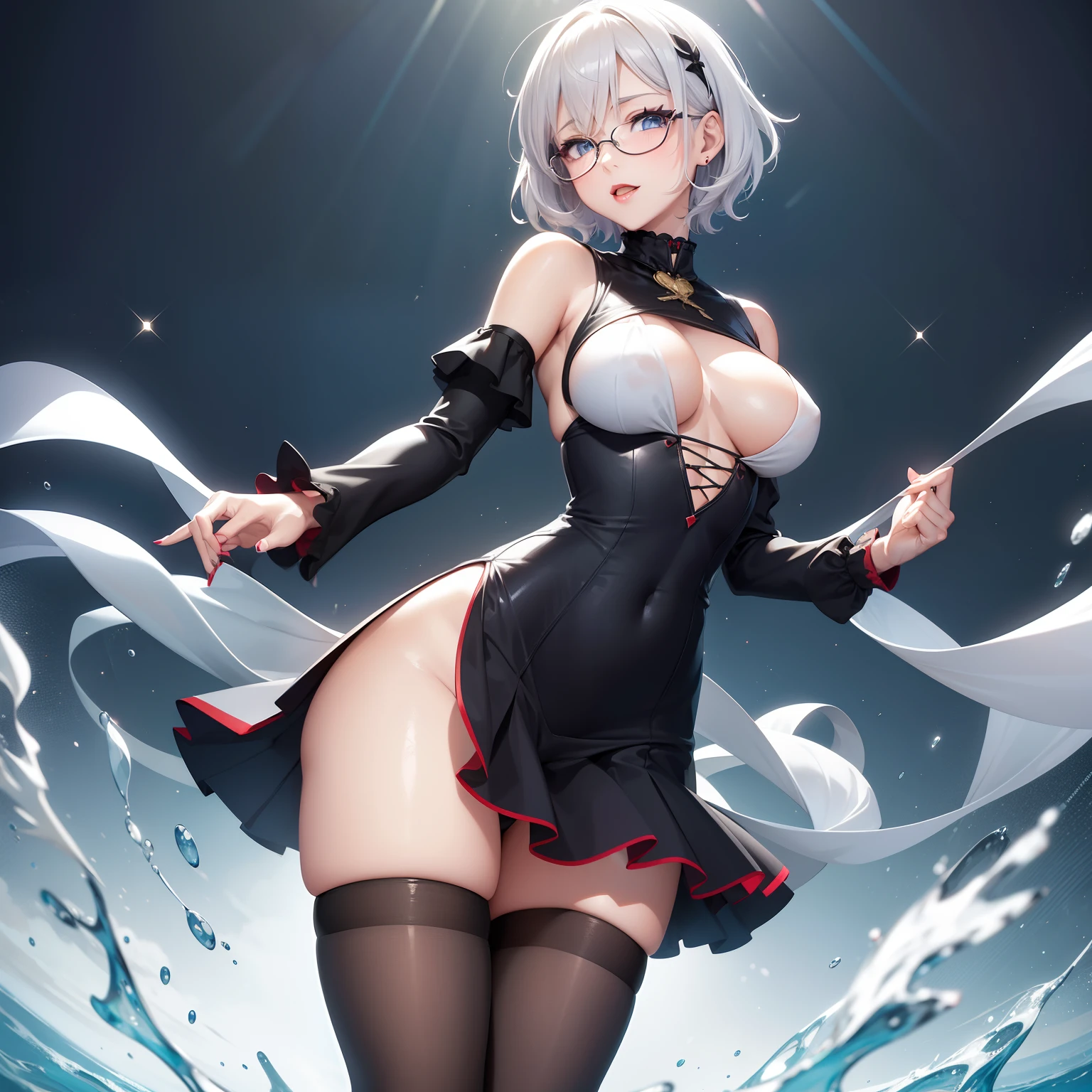 high image, super detail, high resolution, anime, manga, illustration, black knee high socks, thighs, knit dress, flared skirt, intelligent beauty, laugh like a prankster, happy, shy, adult face, make up, ecstatic expression, amorous expression, seductive look, flowing layered messy white medium short hair, sparkling blue big eyes, alluring moist red lips, medium breasts, under boob, side boob, perfect proportions, slender, full body, glasses