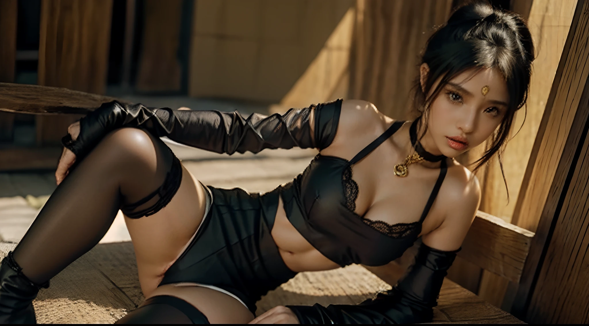 Brown skin, sexy Nicki Minaj as a Naruto Shippuden ANBU police ninja ta, fishnet shirt, see-through lace corset revealing her breasts fully, major cleavage, geisha makeup, major camel toe, thick camel toe exposed, large shiny breasts exposed, half naked, short Black hair bangs, (8k, RAW photo, photorealistic: 1.25), ( lip gloss, highest quality, ultra high resolution, depth of field, chromatic aberration) Staring at the viewer, gold necklace, sexy ninja pose, choker, full body, no pants, super small ninja skirt, knee high stockings, see-through sheer panties see-through, breasts visible, no, Leaf Village ninja police badge, perfect hands, perfect feet, large ass, perfect body, hyperrealism, Studio Ghibli style