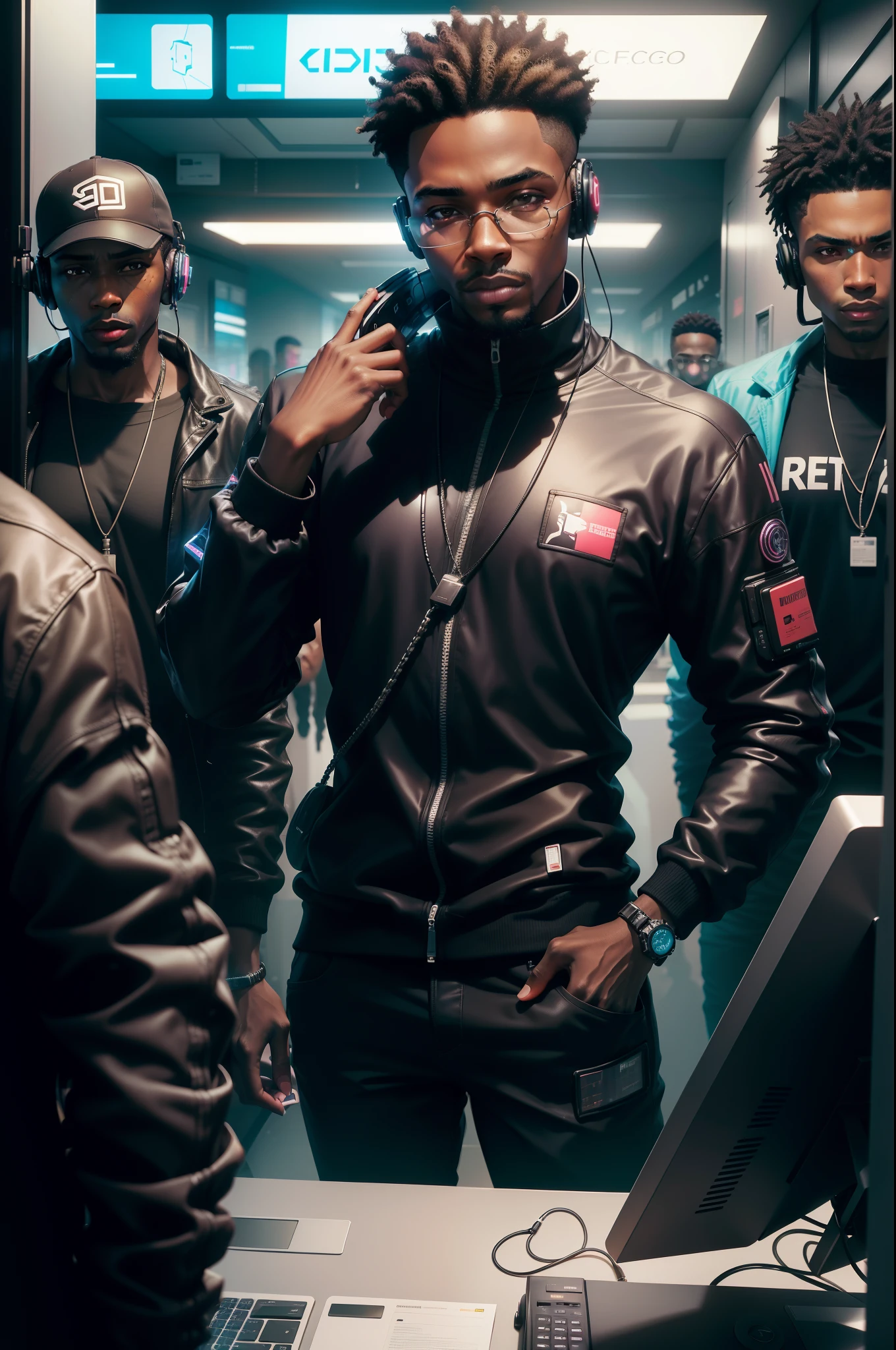 (Several young black men, com idade entre 18 e 40 anos), central de telemarketing (cyberpunk, gigantic futuristic), atendimento ao cliente pelo telefone, several employees half human half machine, em suas mesas de trabalho realizando pesquisas, talking on the phone looking at the camera at the time of the Selfie.