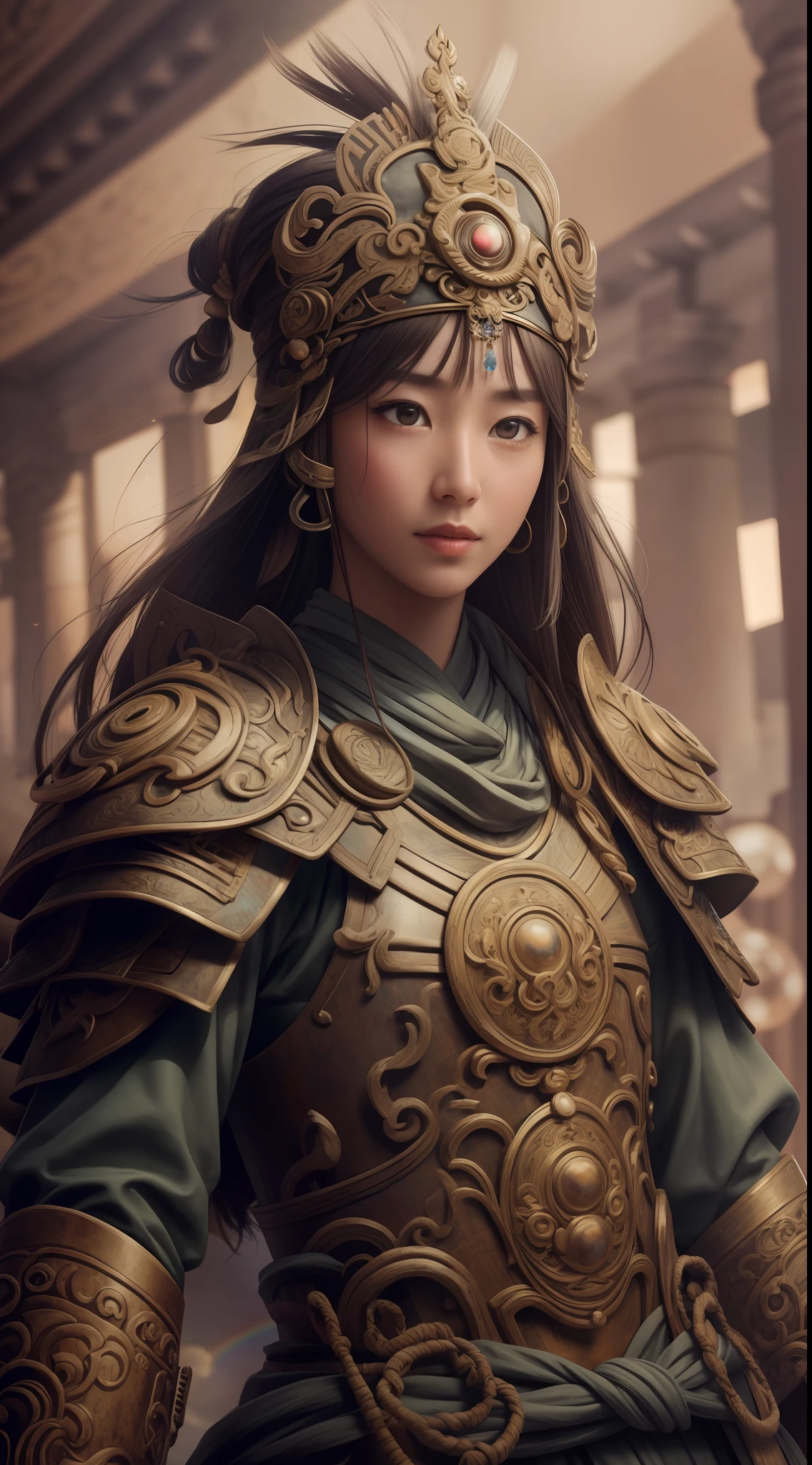 (RAW photo, bestquality), (lifelike, photo-realistic: 1.3), bestquality, high-detail, master-piece, ultra-detail, illustration, 1girl, upper_body, Dynamic Angle, The world's masterpiece theater, messy_long_hair, bestquality, Extreme Detail CG Unity 8K wallpaper, ink, impressive, cinematic light, lens_flare,dunhuang_Style has a rainbow light added to the body.