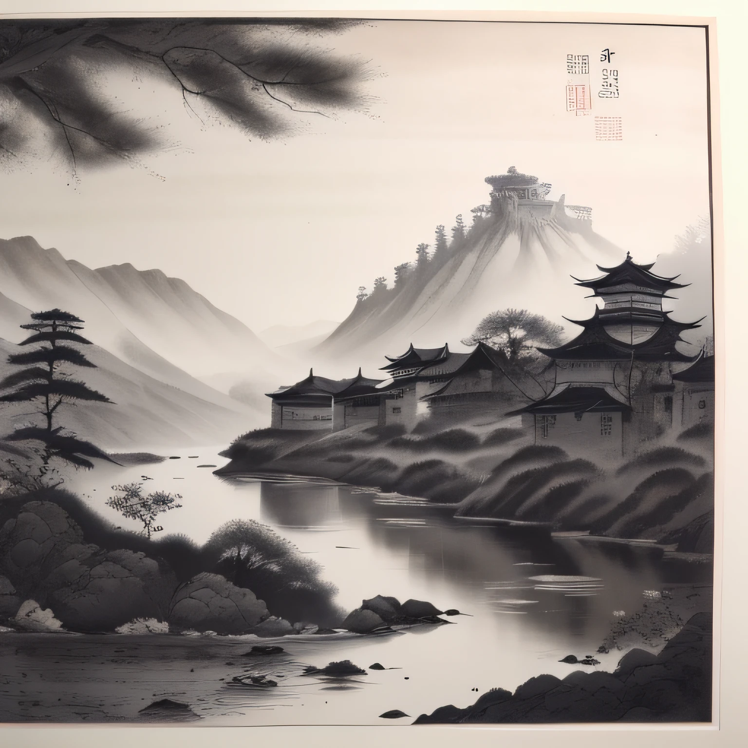 （tmasterpiece，best qualtiy：1.2），Tradition Chinese Ink Painting，mont，near a river，