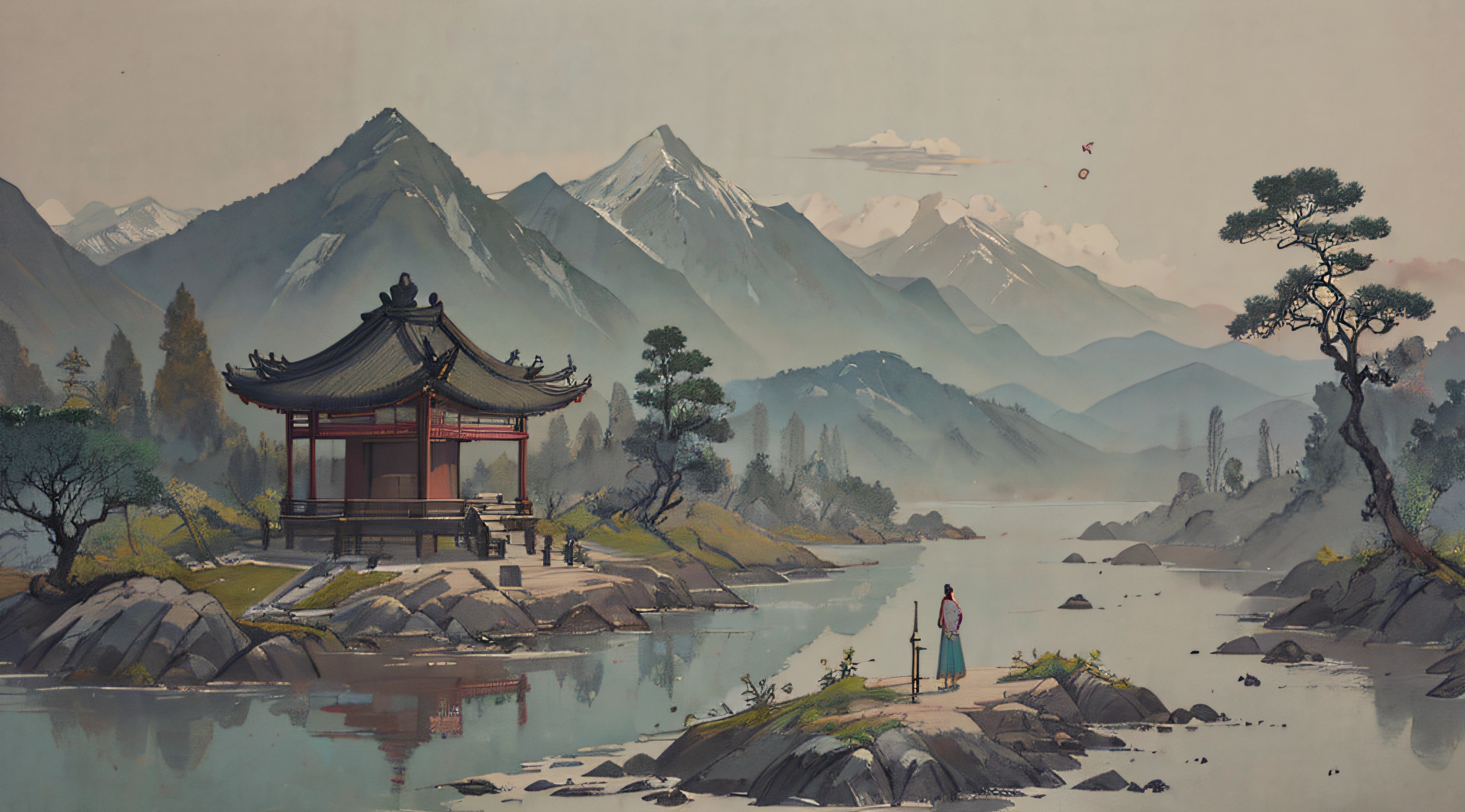 超高分辨率，tmasterpiece，8k，Wallpapers，HighestQuali，extremely detaile，Shen Mengxi's painting "Qianli Jiangshan" depicts a landscape in the style of the Song Dynasty, using meticulous brushwork combined with a touch of freehand brushwork. Among the layered mountains and peaks, pine trees grow, and there is a light green lake with a mirror-like surface. A stone bridge with a pavilion connects two mountains. In the distance, there are continuous far-off mountains and a pale blue sky ((without any clouds)), The setting sun hangs in the sky, creating a captivating scene,claborate-style painting,pixel world,a photo of shanshui by jinliang,zydink