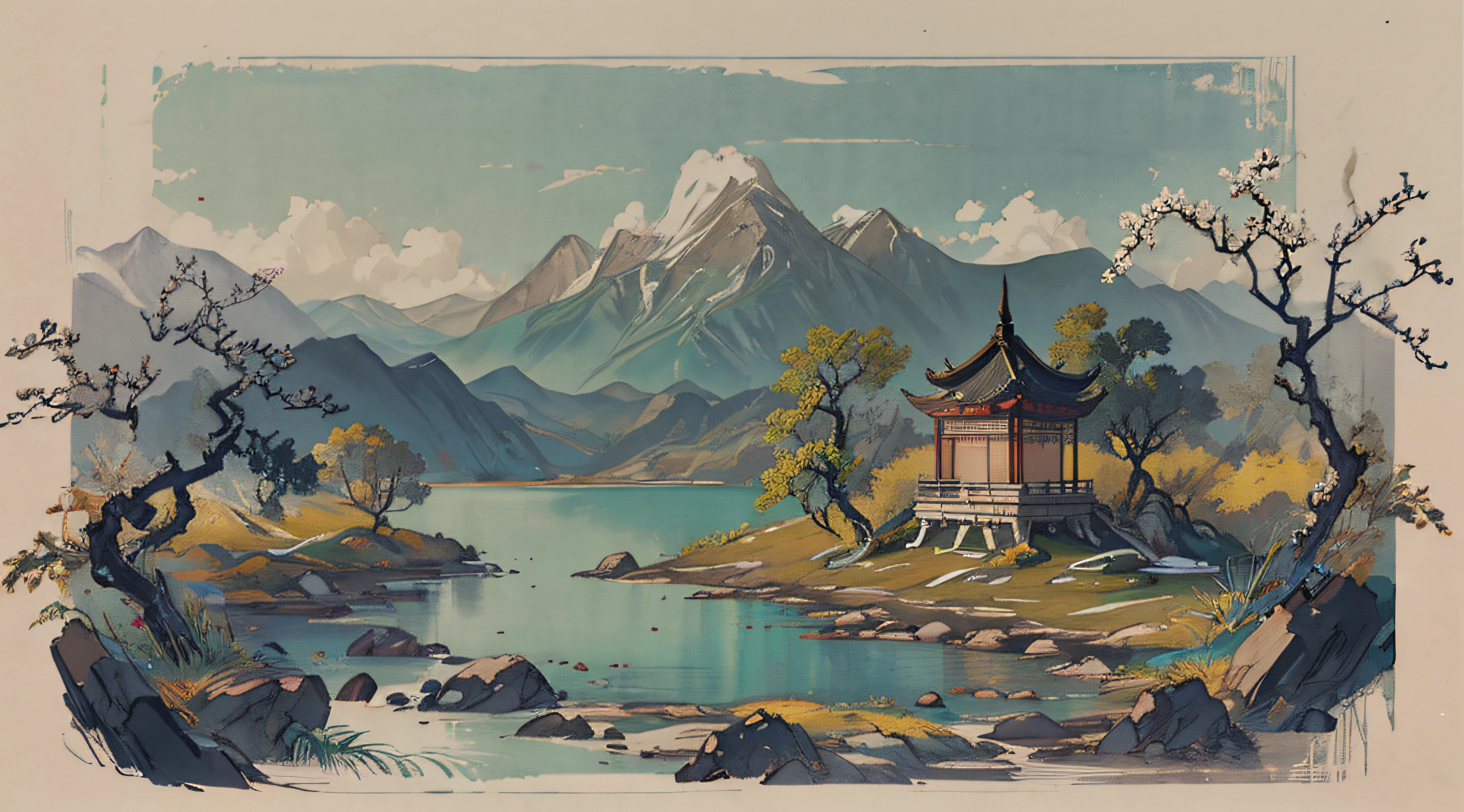 超高分辨率，tmasterpiece，8k，Wallpapers，HighestQuali，extremely detaile，Shen Mengxi's painting "Qianli Jiangshan" depicts a landscape in the style of the Song Dynasty, using meticulous brushwork combined with a touch of freehand brushwork. Among the layered mountains and peaks, pine trees grow, and there is a light green lake with a mirror-like surface. A stone bridge with a pavilion connects two mountains. In the distance, there are continuous far-off mountains and a pale blue sky ((without any clouds)), The setting sun hangs in the sky, creating a captivating scene,claborate-style painting,pixel world,a photo of shanshui by jinliang,zydink