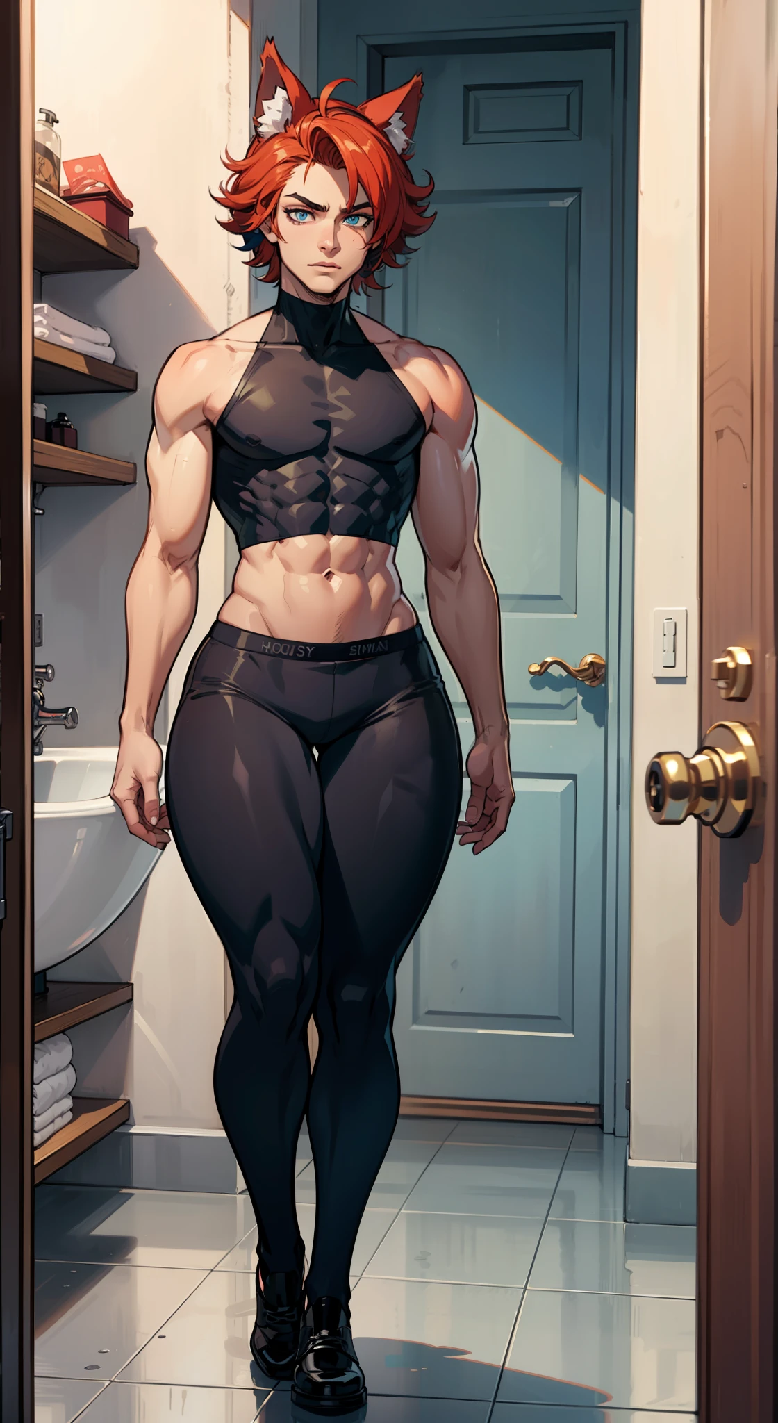 1boy, red short fluffy hair, vibrant sharp blue eyes, big sharp wolf ears, wolf tail, masterpiece, vibrant colors, shadows, bathroom setting, ((effeminine)), black gym shorts, slim waist, slim stomach, very large curvy butt, young, pale, male, slim male, please make him a soft boy, hourglass figure, slim figure, (((make him a femboy))))