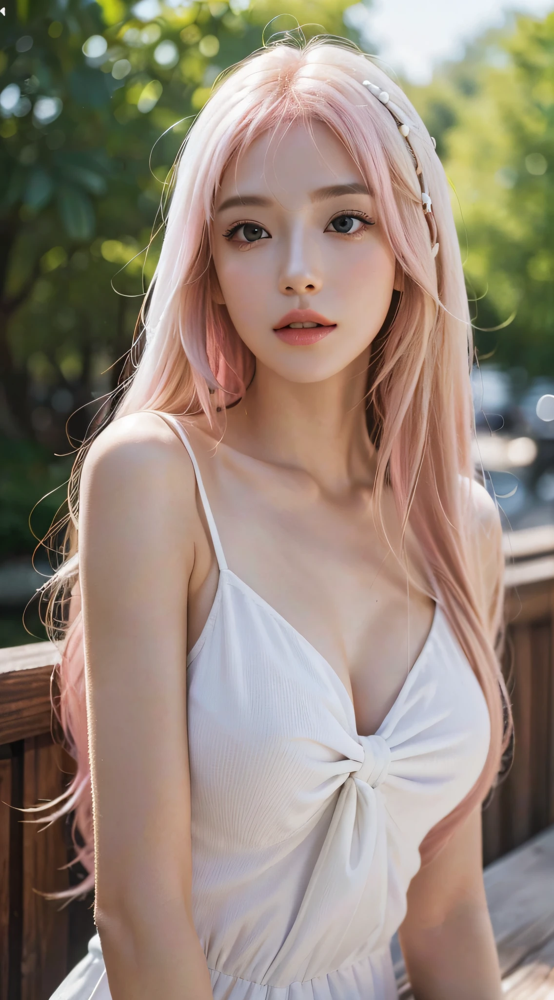 (8K, 4K, Best quality, A high resolution:1.2), (marsterpiece, Realistic, photograph realistic:1.37), 1girll, Solo, Beautiful face, eyeslashes, nase, Glossy lips, (Detailed eyes, view the viewer, Fair skin, White skin:1.5), fine complexion, Upper body,
Large breasts, Busty, , (:1.5),
Outdoor onsen,
two sides up, Absurdly long hair, Blonde hair, Pink hair, bangs, hair adornments, bow,
Younger, aged down,