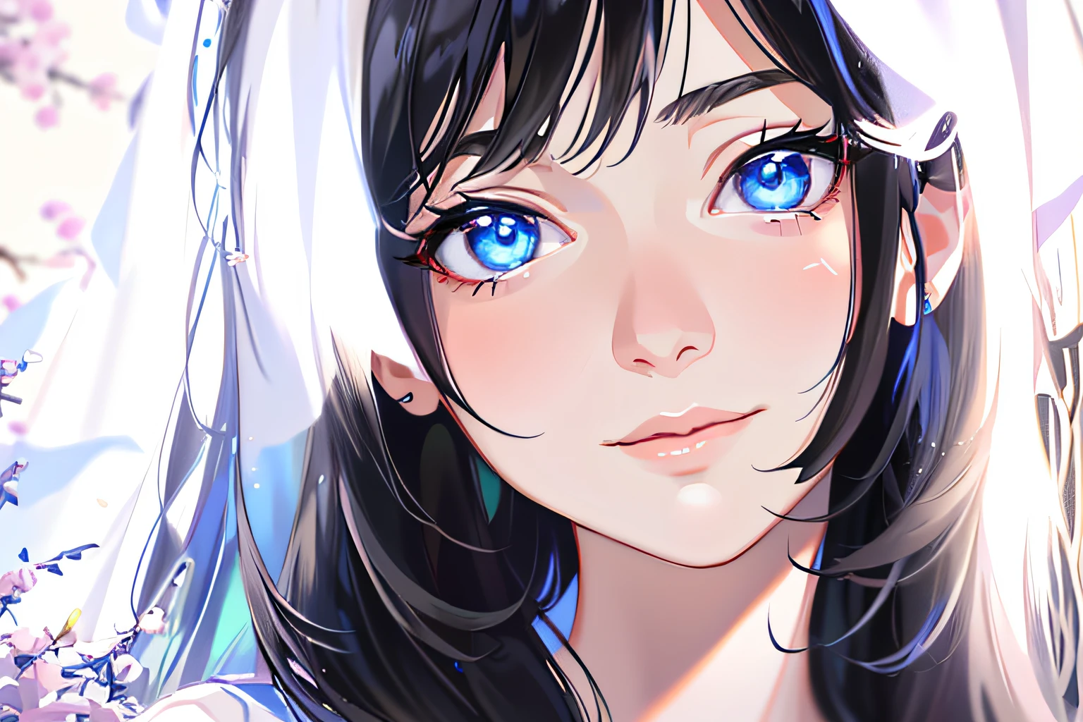 Anime girl with blue eyes and long black hair in a white dress, Beautiful Anime Portrait, realistic anime art style, kawaii realistic portrait, Stunning anime face portrait, anime style 4 k, Portrait Anime Girl, anime style portrait, Detailed Digital Anime Art, digital anime art, Anime style. 8K, Realistic anime art style, beautiful anime style, anime art wallpaper 4k