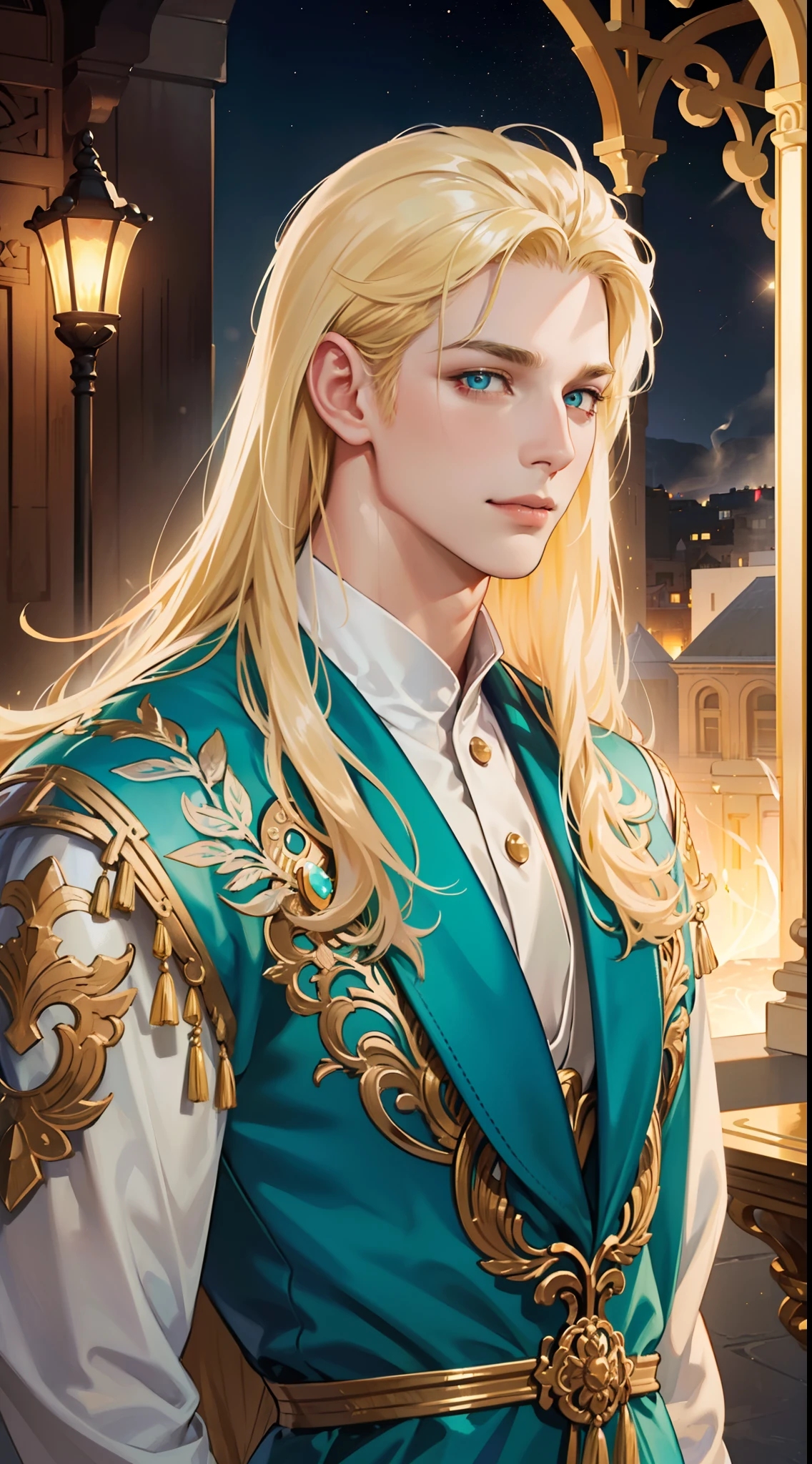 undercucho Close Portrait of Elegant Person [undercucho] in bespoke MAN suit: tall muscular man, Greece style, intricate detial baroque, elegant, bright lights, highly detailed, digital painting, artstation, concept art, soft and sharp focus, portrait , illustration, art by wlop, mars ravelo and greg rutkowski, waterfall, fountain, vines, branches, marble building, Pantheon temple, ANCIENT GREEK COSTUME, (High detail skin: 1.2), 8k uhd, DSLR, soft lighting, high quality, Fujifilm XT3 mix4, male model, (((1 MAN))) suit, seductive, Greece, Greece background, (((/LOOKING AT THE VIEWER/))) ((((LONG BLONDE HAIR))) (((LONG BANGS))) (((TURQUOISE EYES))) (((DELIGHTED LOOK))), SMILE, MYSTERIOUS AURA, night, bokeh, depth of field, (upper body: 1.0), best quality, intricate details, detailed eyes, masterpiece, kodakchrome, flashlight, strange smoke around him, MASTERPIECE
