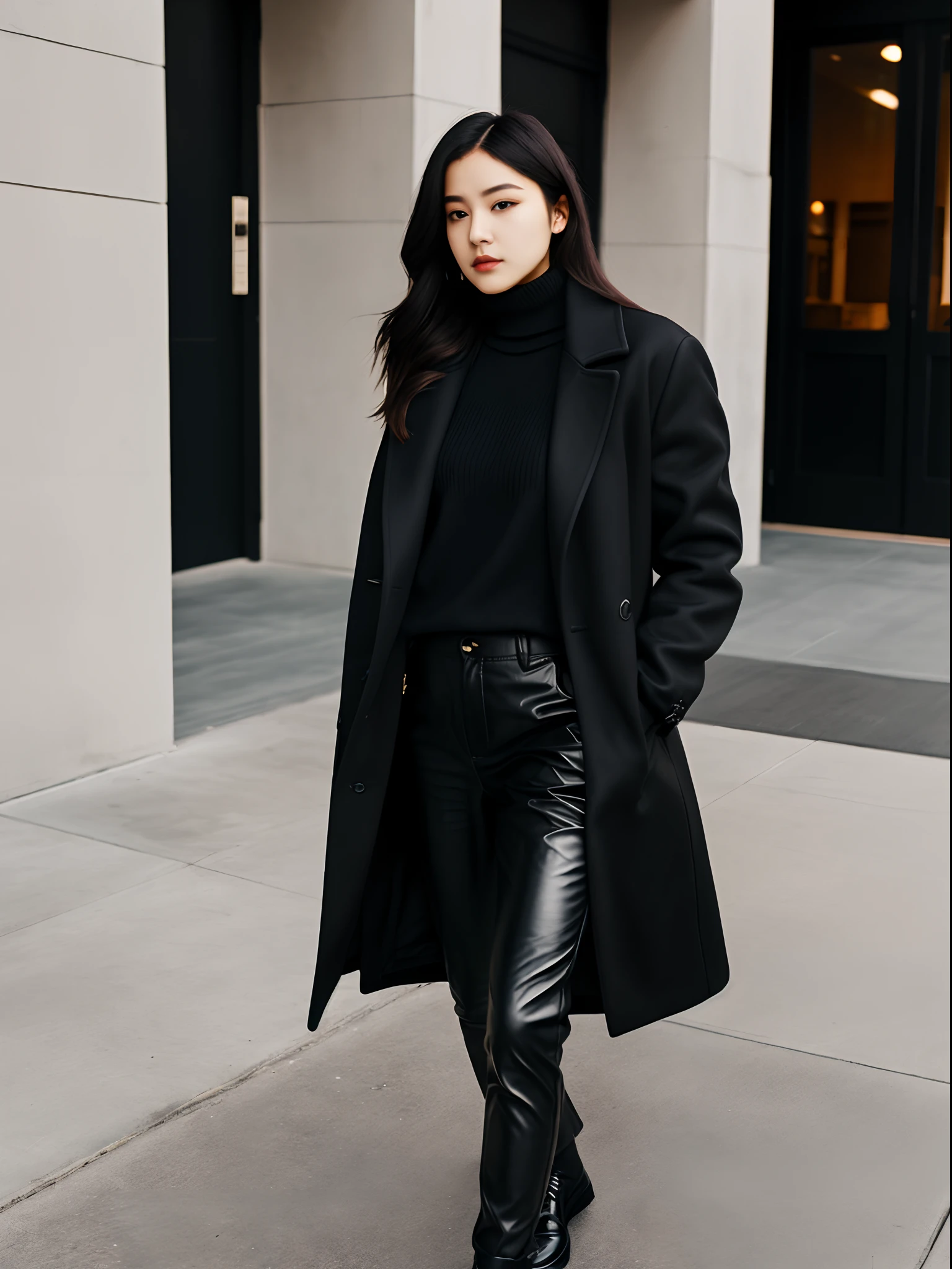 White long hair, white eyes, two-dimensional, turtleneck sweater, black long coat, black leather pants, black long leather shoes, urban girl