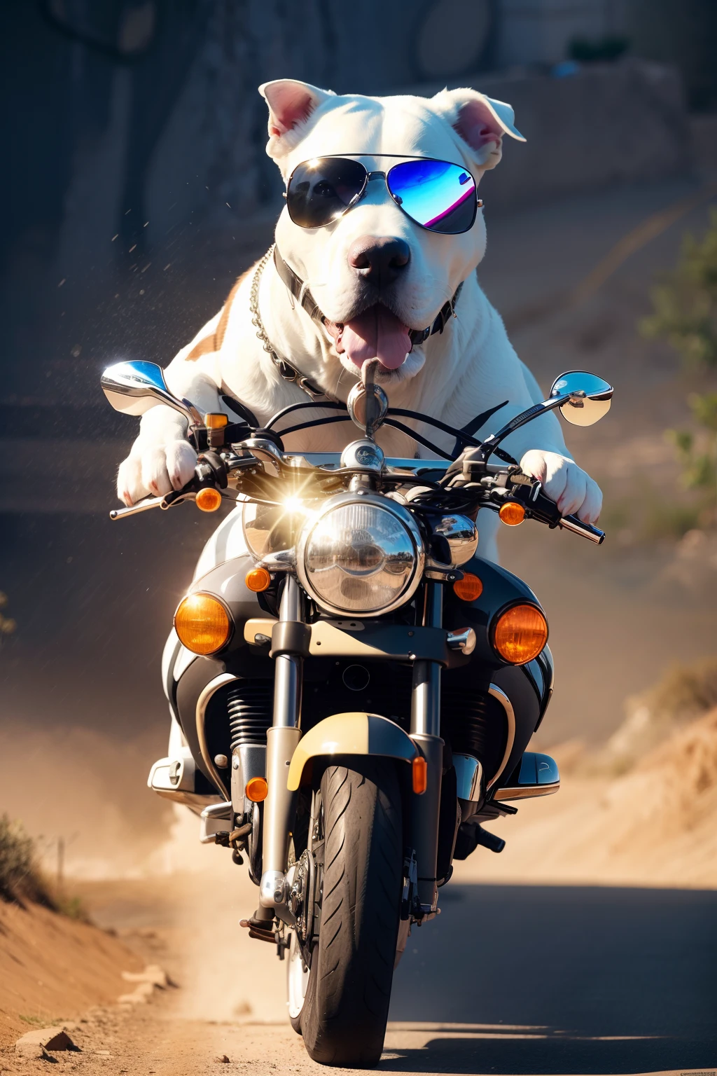 Redibujar dogo Argentino con modernas gafas de sol en motocicleta