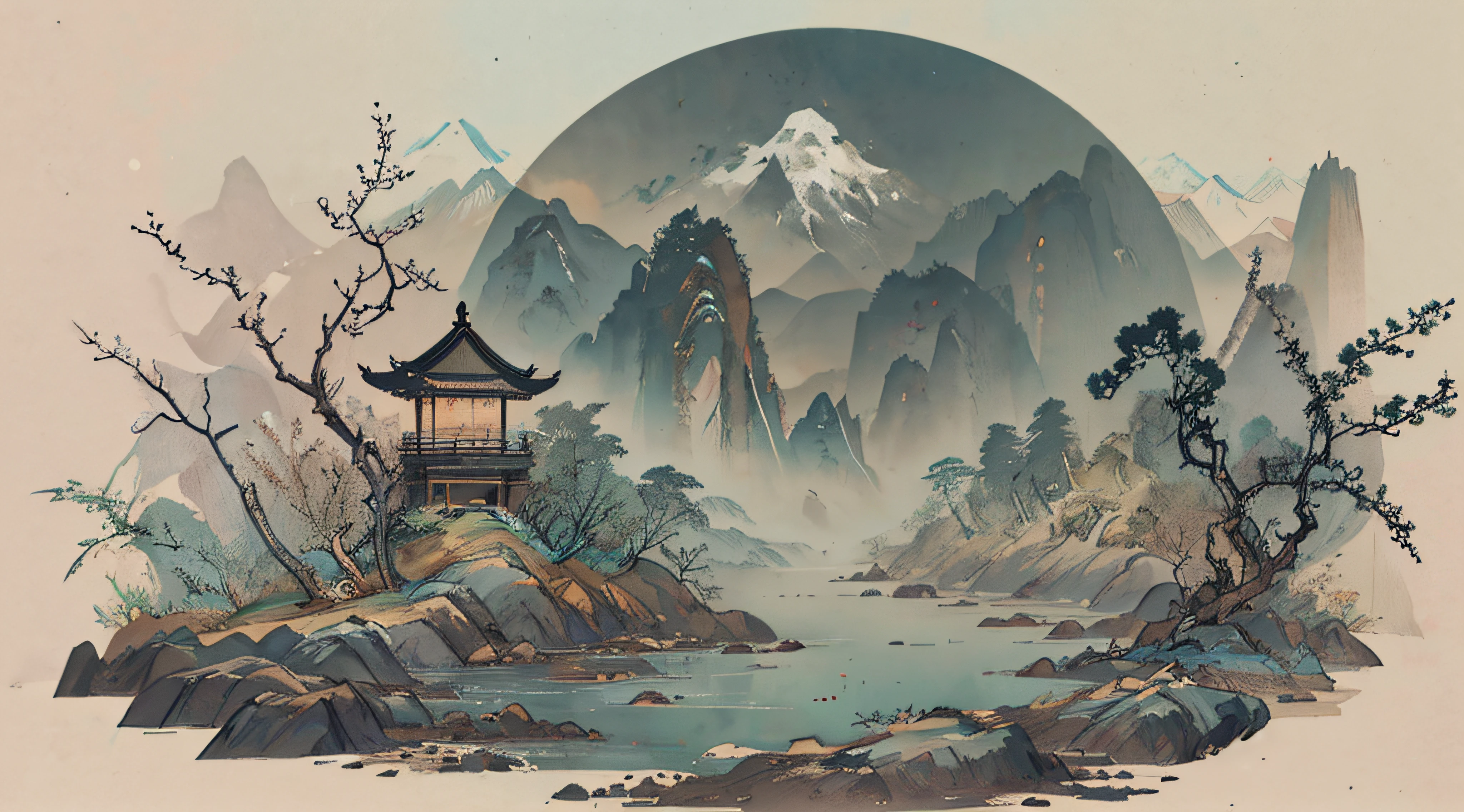 超高分辨率，tmasterpiece，8k，Wallpapers，HighestQuali，extremely detaile，Shen Mengxi's painting "Qianli Jiangshan" depicts a landscape in the style of the Song Dynasty, using meticulous brushwork combined with a touch of freehand brushwork. Among the layered mountains and peaks, pine trees grow, and there is a light green lake with a mirror-like surface. A stone bridge with a pavilion connects two mountains. In the distance, there are continuous far-off mountains and a pale blue sky ((without any clouds)), The setting sun hangs in the sky, creating a captivating scene,claborate-style painting,pixel world,a photo of shanshui by jinliang,zydink