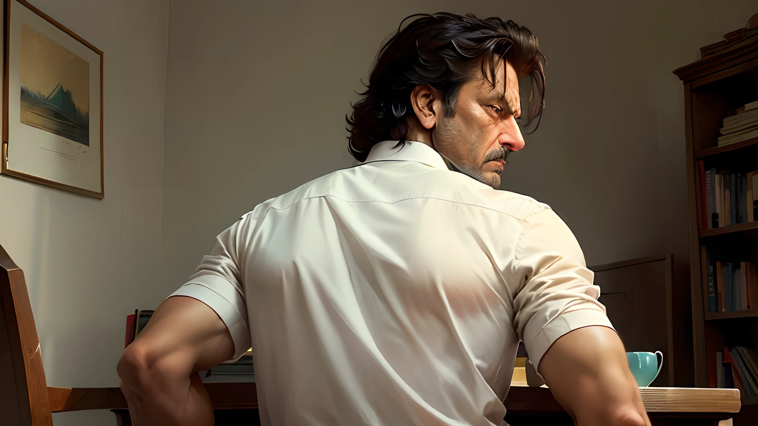 Imran khan ,real face, angry man, dinamic back ground sit on banch