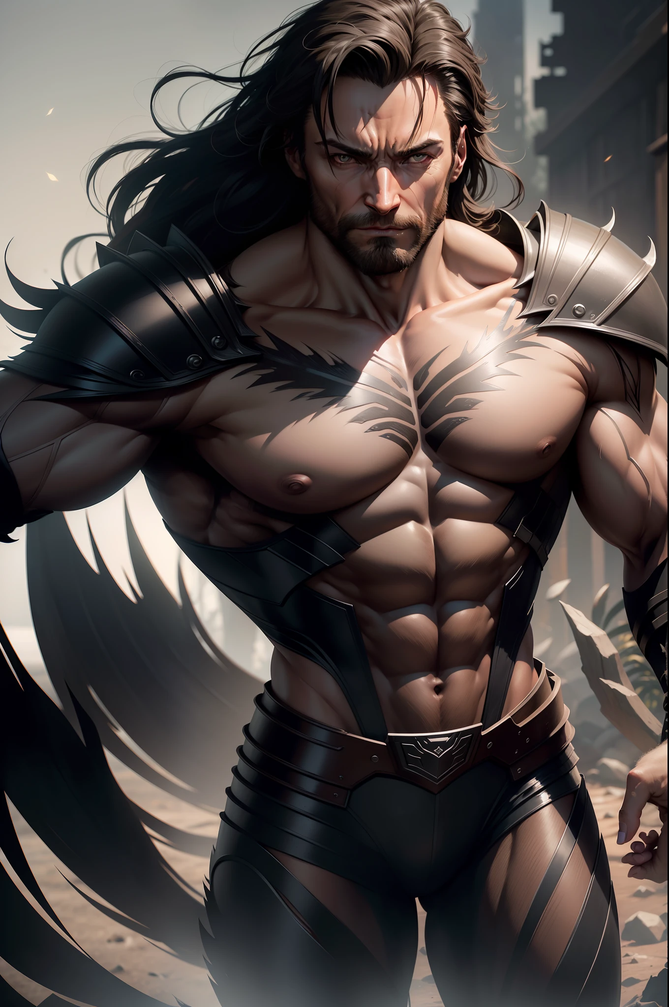 Hugh Jackman as werewolf, vhs effect, serene beautiful face, full body portrait, wearing stylish black armor, standard body, white skin (skin texture:1.2), intricate detail, fine detail , super detail, ray tracing, subsurface scattering, diffuse soft light, shallow depth of field, by (Oliver Wetter)