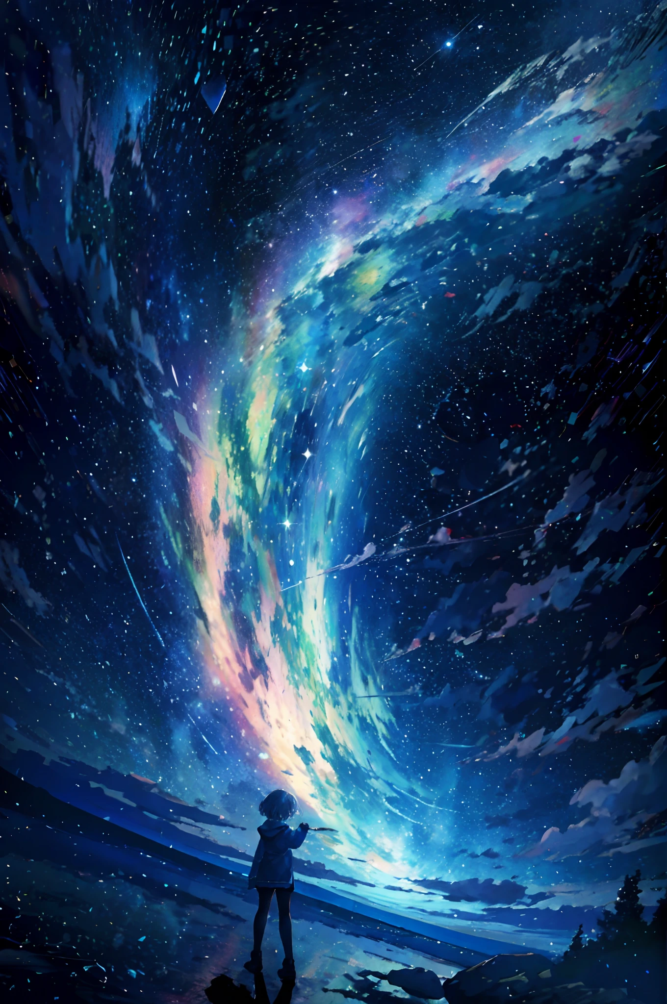 kosmos,starrysky,Kizi,Girl looking at the stars,Add characters,Back shadow,smallness,Improves overall brightness