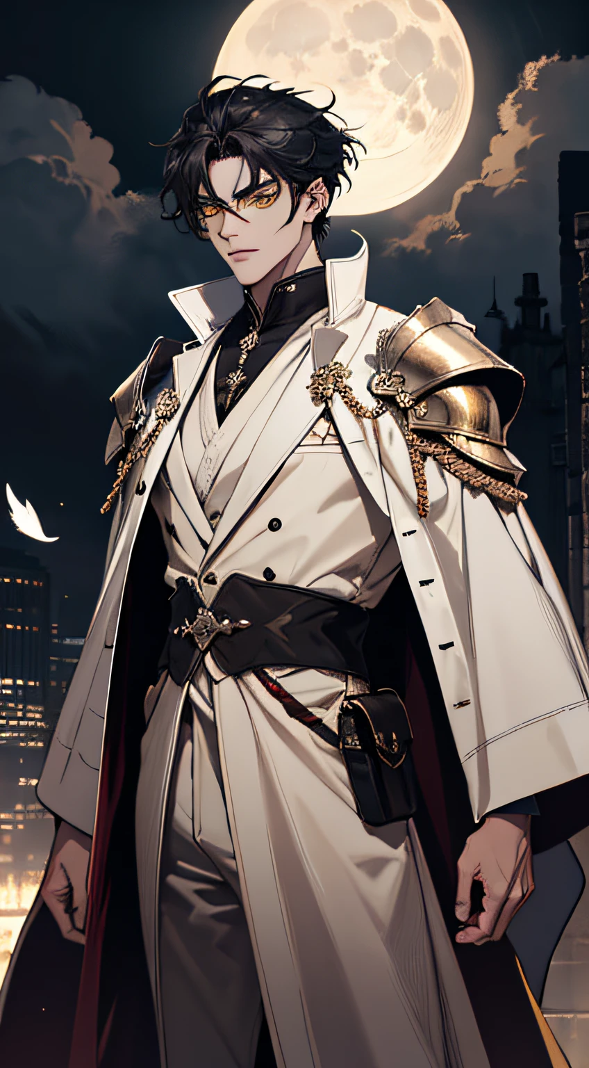 1man, fullbody shot, full-length picture, head to toe shot, (fantasy character design) tall, lean athletic build. gold yellow eyes, black hair, nicely kept hair, short hair.  wearing a white robe with accessories. robe has armor on it, he looks like a webtoon prince, prince design, armor, he has a strong jawline, he has a gun holster on his thigh, lean body, muscular, he looks handsome, he looks edgy, coat tail cape, fantasy clothing. he as tan skin, character sheet, turnaround reference sheet, he has white feathers on the suit, (absurdres, highres, ultra detailed), adult, handsome, tall muscular guy, broad shoulders, finely detailed eyes and detailed face, fantasy, night, dark theme, cinematic lighting, colorful, portrait, flying petal, Flowery meadow, cloudy sky, building, moon, light, dutch angle, cowboy shot