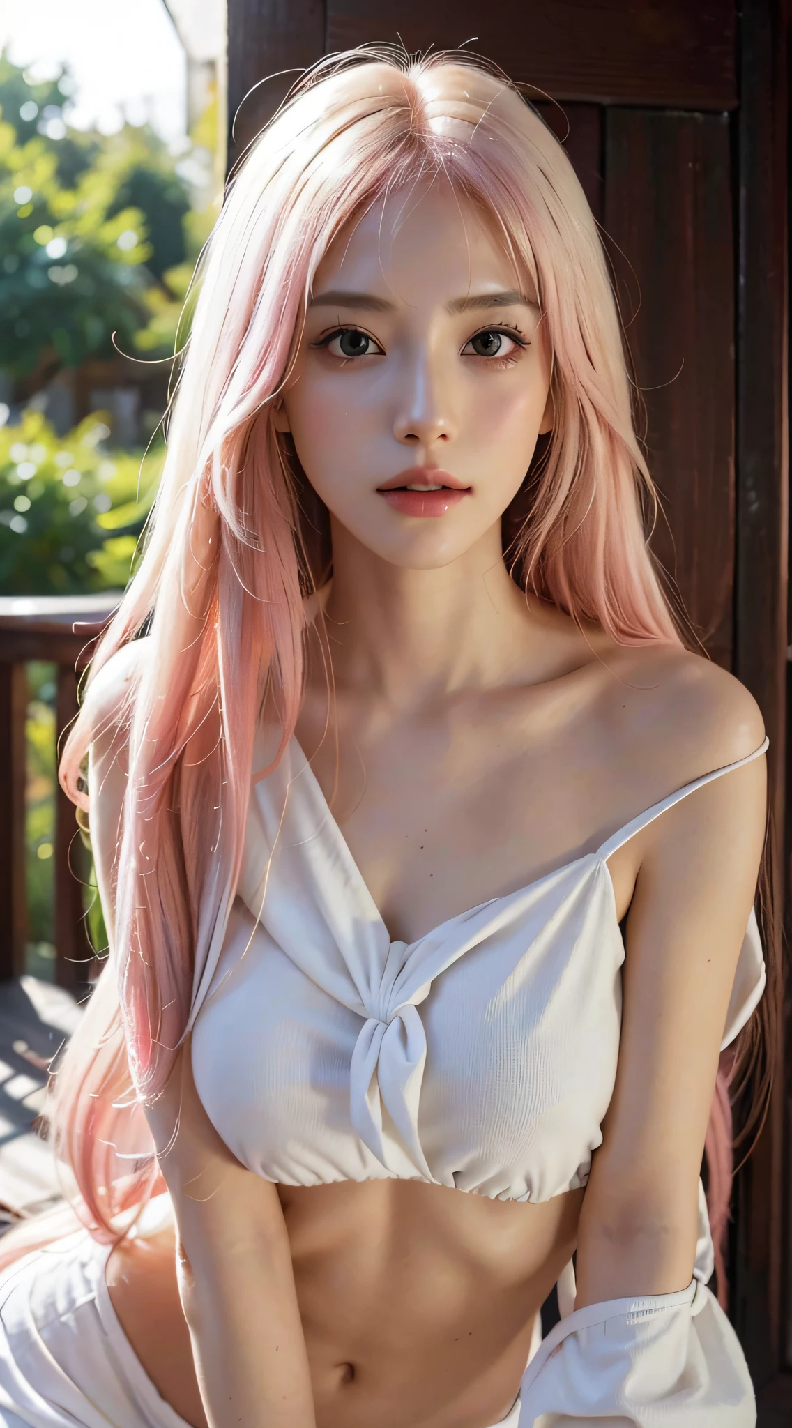 (8K, 4K, Best quality, A high resolution:1.2), (marsterpiece, Realistic, photograph realistic:1.37), 1girll, Solo, Beautiful face, eyeslashes, nase, Glossy lips, (Detailed eyes, view the viewer, Fair skin, White skin:1.5), fine complexion, Upper body,
Large breasts, Busty, , (:1.5),
Outdoor onsen,
two sides up, Absurdly long hair, Blonde hair, Pink hair, bangs, hair adornments, bow,
Younger, aged down,Abs,