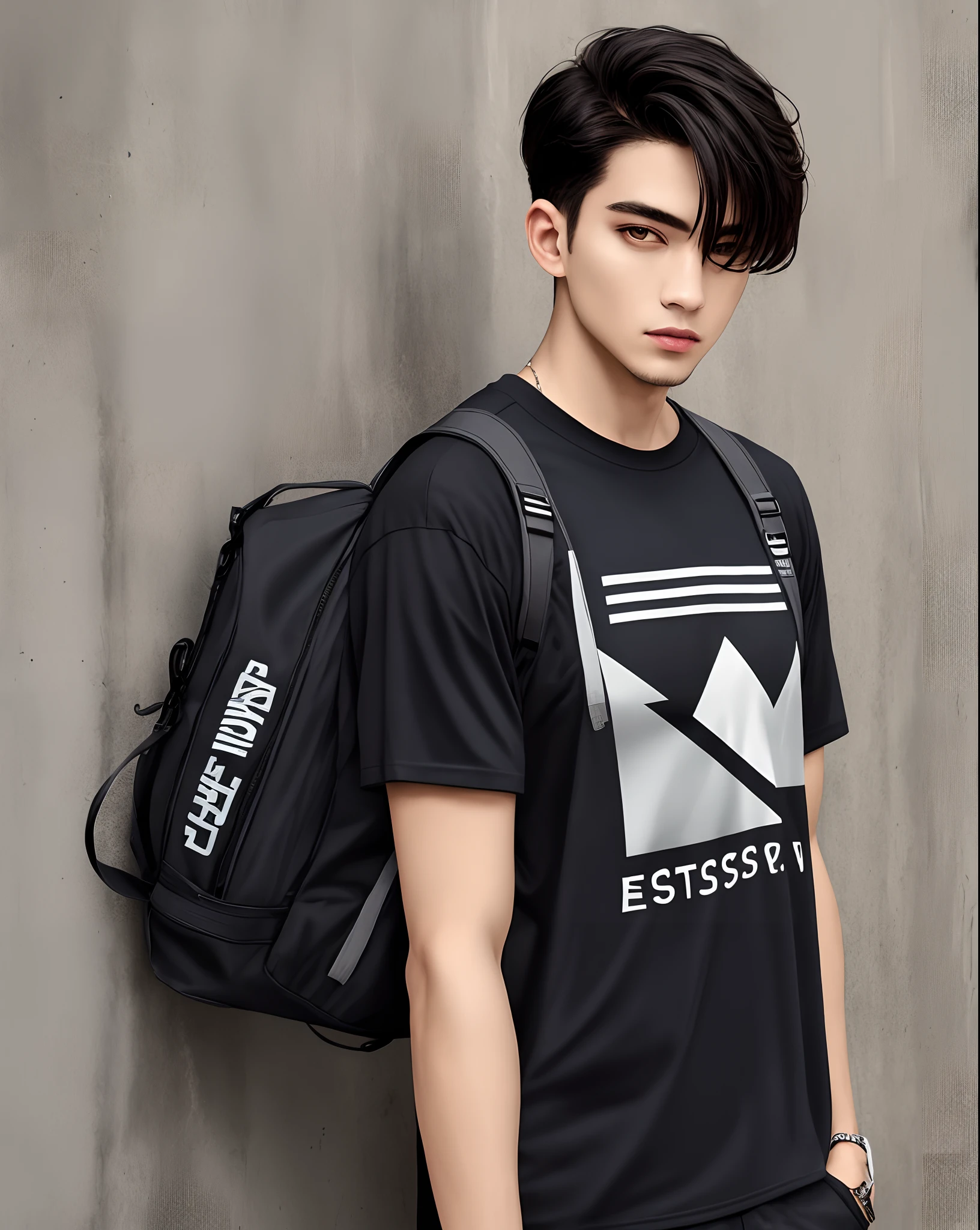 Uma camiseta gola grossa, estilo techwear cor branca e preta com uma logo estampada escrito EstiloBrasa