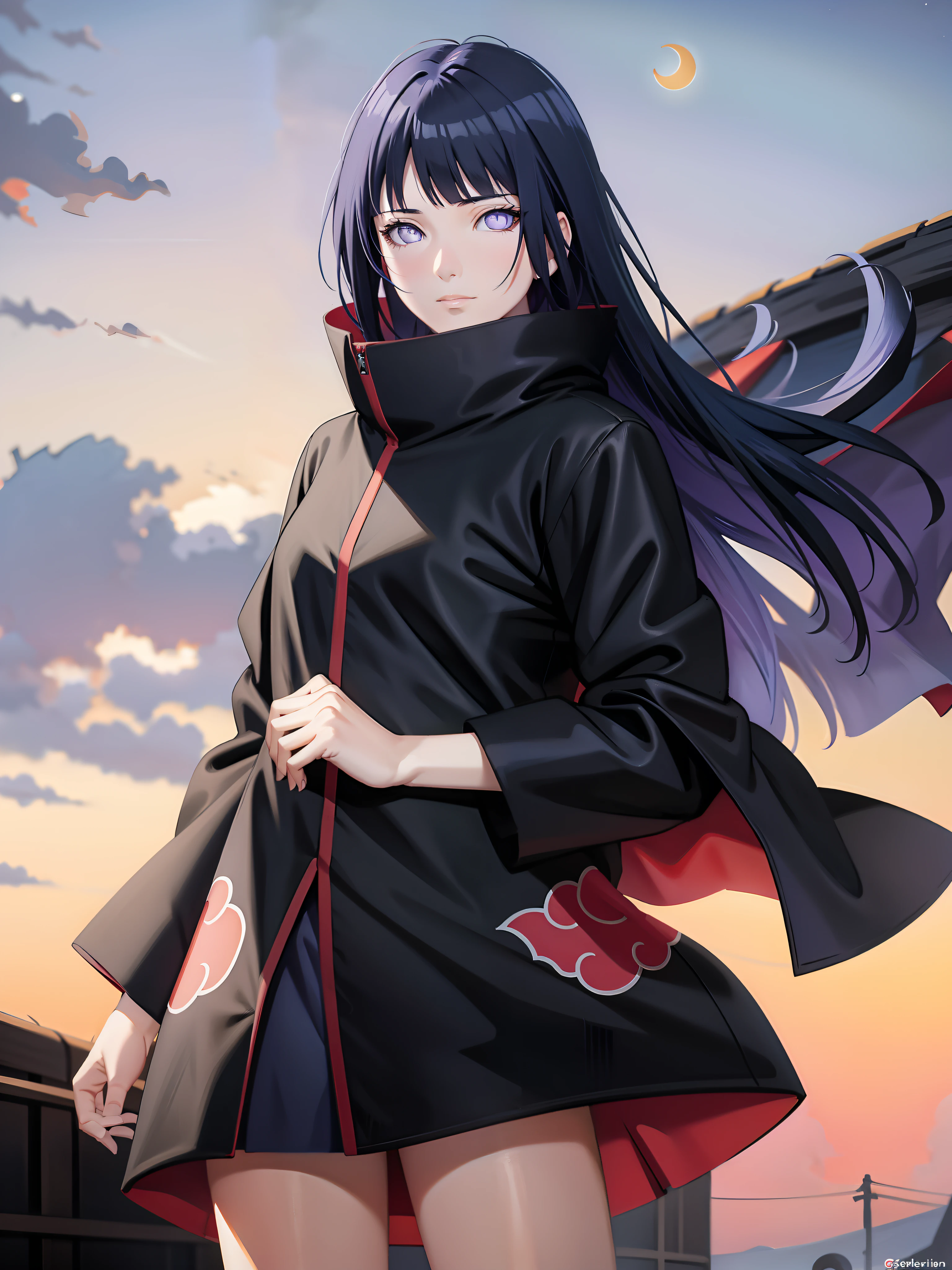 (masterpiece), (best quality), ultra high res, professional artwork, ultra detailed, intricate, detailed face, perfect lighting, 1girl, dark blue hair, (purple eyes), AKATSUKI OUTFIT, ninja, black cloak, black coat, high collar, collarbone, head, night, night sky, crescent moon, red moon, outdoors, (cowboy shot, far shot), blunt bangs, dark blue hair, long hair