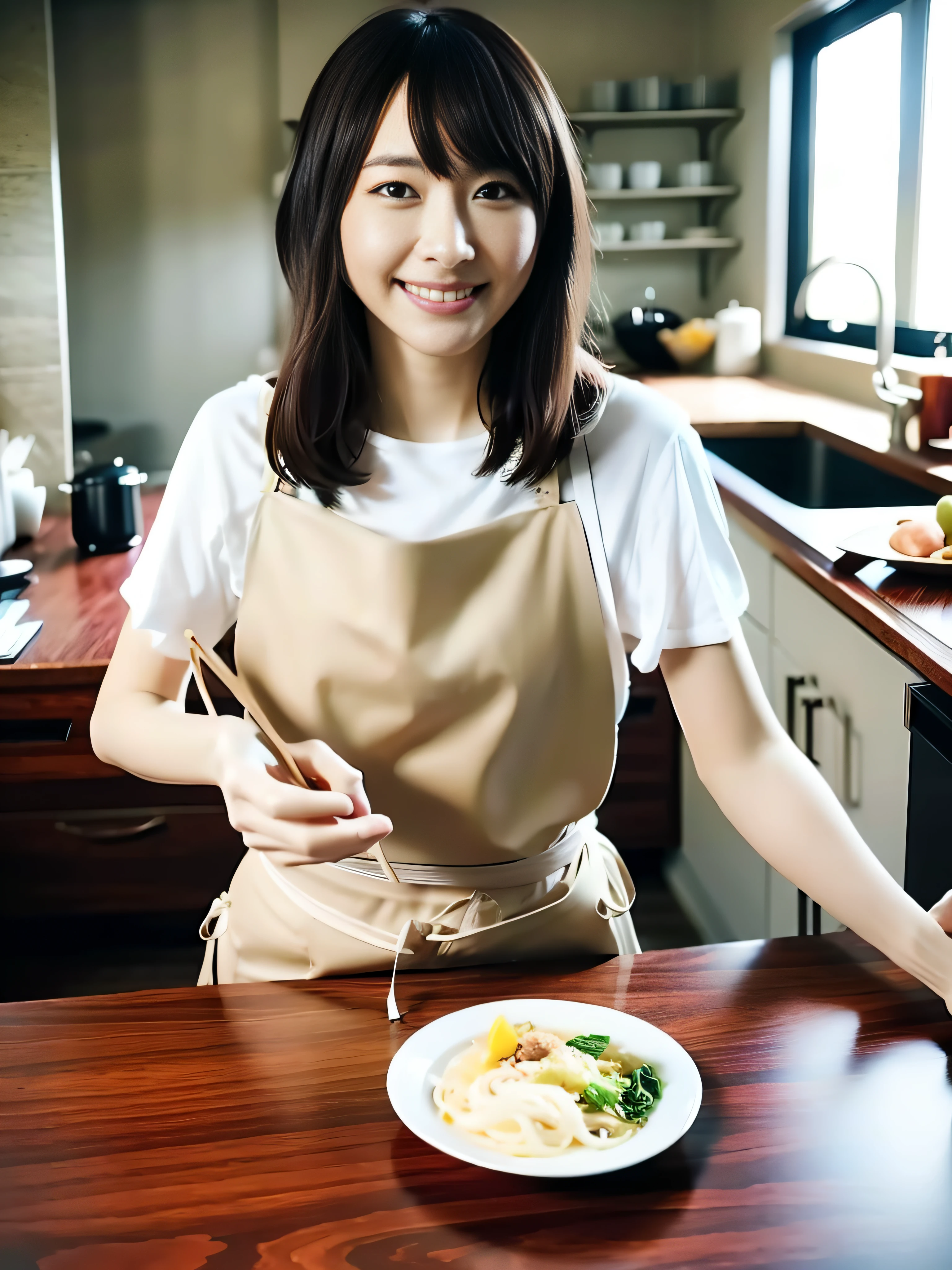 Best quality,Highly detailed,Masterpiece,Ultra-detailed,illustration,超高分辨率, (Photorealistic:1.4,8K),Kitchen,1girll,Cute,(aprons, ),day,grin, face,Black hair,Clear face,