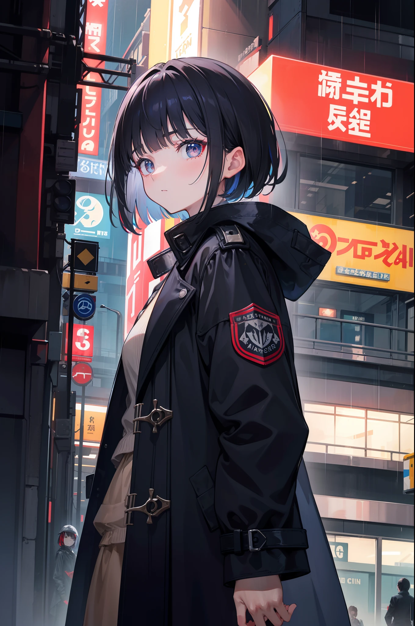 Woman in black trench coat standing in the street, On rainy nights, dim murky lights, Blue left eye, Red right eye, black hair, blunt bangs, short hair, mismatched pupils, Futurism, cinematic lighting, from below, wide shot, from side, cowboy shot, UHD, masterpiece, ccurate, textured skin, super detail, high details, high quality, award winning, best quality, highres, 8k