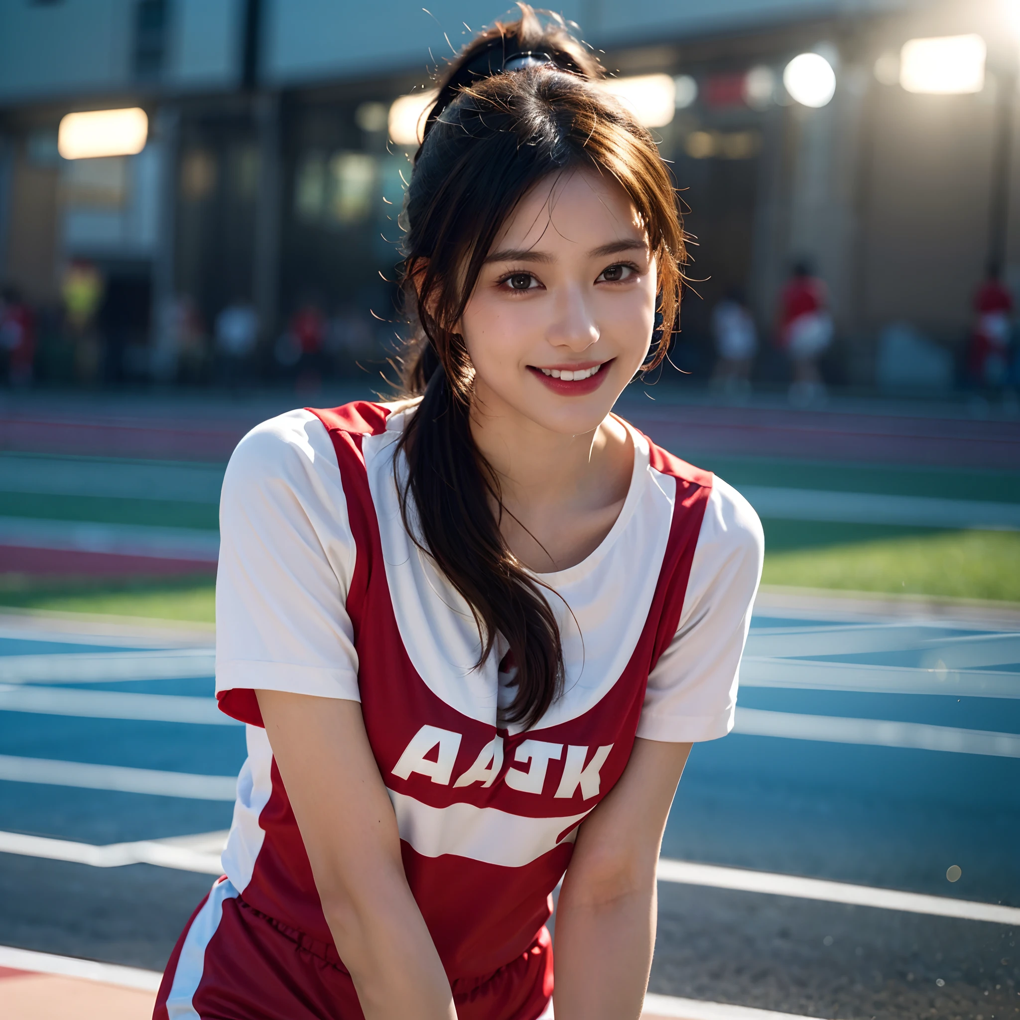 ultra detail of a beautiful face, athlete, vibrant smile, cropped track and field uniform with red and white stripes, front view, lively and bright mood, evening, track stadium, 150mm, diffused light, cowboy shot, black hair, ponytail, long hair, dark brown eyes, big breasts, (vibrant detail, dynamic pose, dynamic angle), absurdres, octane render, 8k, masterpiece, illustration, an extremely delicate and beautiful, extremely detailed, CG, unity, wallpaper, (realistic, photo-realistic:1.37), Amazing, finely detail, best quality, official art, extremely detailed CG unity 8k wallpaper, RAW photo, ultra high res, detailed lighting, professional photography, ultra detailed light and shadow, dynamic angle,