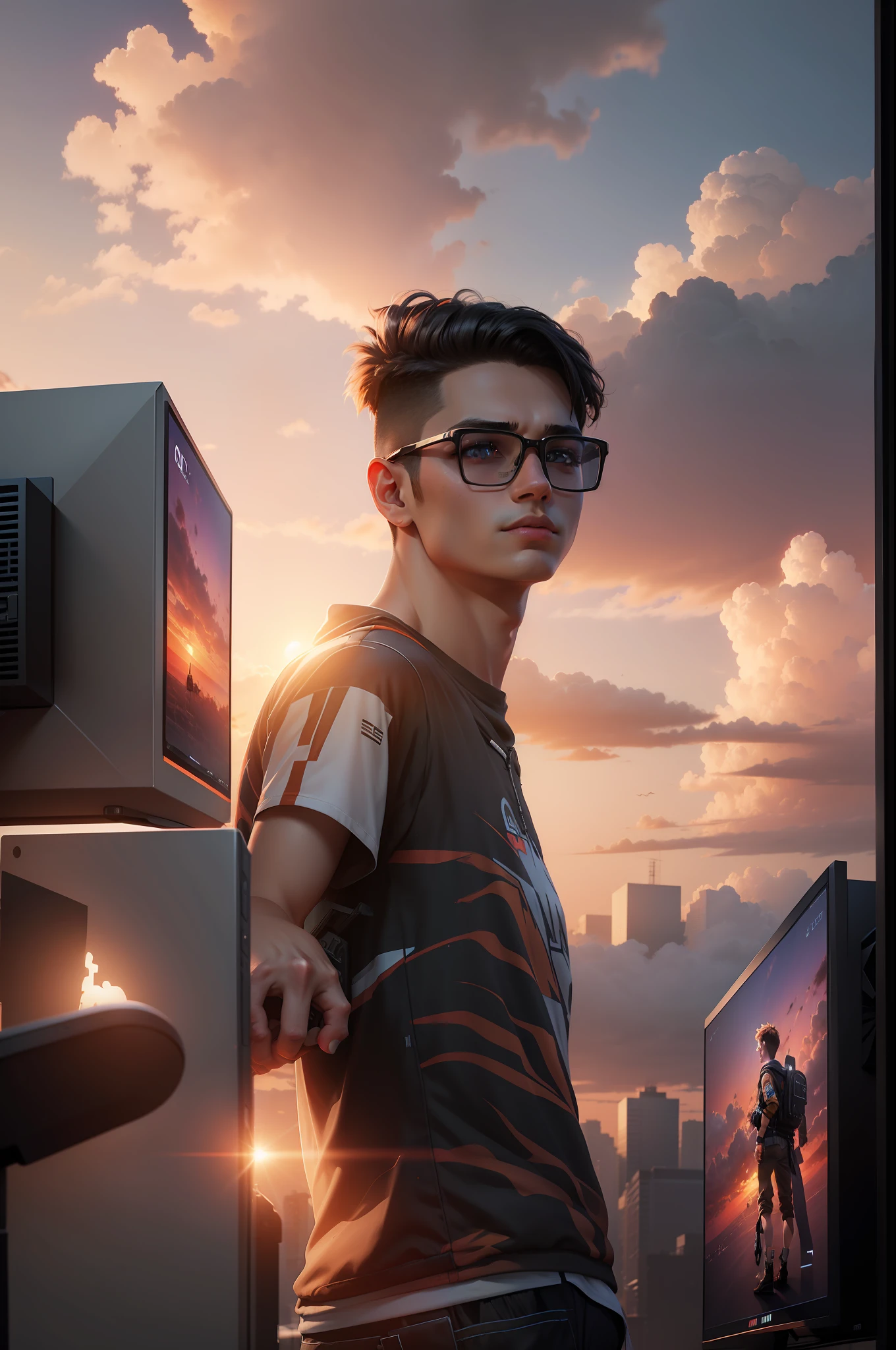 Edit this with beautiful sunset background,and boy with gaming edit and 8k ultra realistic face