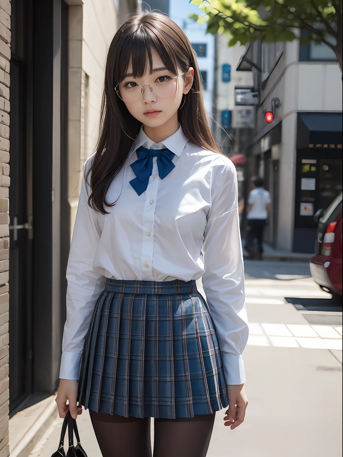 （8K、Raw photography、top-quality、​masterpiece：1.2),(Twin-tailed),cocky,School,watching at viewers,Looking at the front,Muchimuchi,Erotic,Pupils,(Light blue bra seen through the shirt),de pele branca,kne,(Black pantyhose),absurderes,a small face,small tits,flat breast,Parting the bangs from the middle、Forehead visible,(a cold expression,Tight eyes,glares,Bullish,skinny,Rasping,irate)、​masterpiece,top-quality、超A high resolution,Raw photo,ren,Beautiful fece,One Person, 独奏,eye glass,,Dark look,Small breasts,fullllbody,Round glasses、cute little,JK school uniform,hi-school girl,A Japanese Lady,is standing,（Photorealsitic：1.37）、Photon mapping,Realistic、Beautie,Cute little face,Brown-eyed、Black socks、(Red bow tie)、Radio City、Physically Based Rendering、depth of fields、Blurry background、a picture,Body,s girl,beauty legs, Long legs, Thin leg,(Bangs are visible), hair, s lips, Blue_The eye, nosesoft,(Light blue shirt), (Navy and blue and white plaid pleated skirt), Knees are visible,Sheer clothing,, Thigh, Black cotton socks,Nogizaka Idol, 女優, Japanese ido