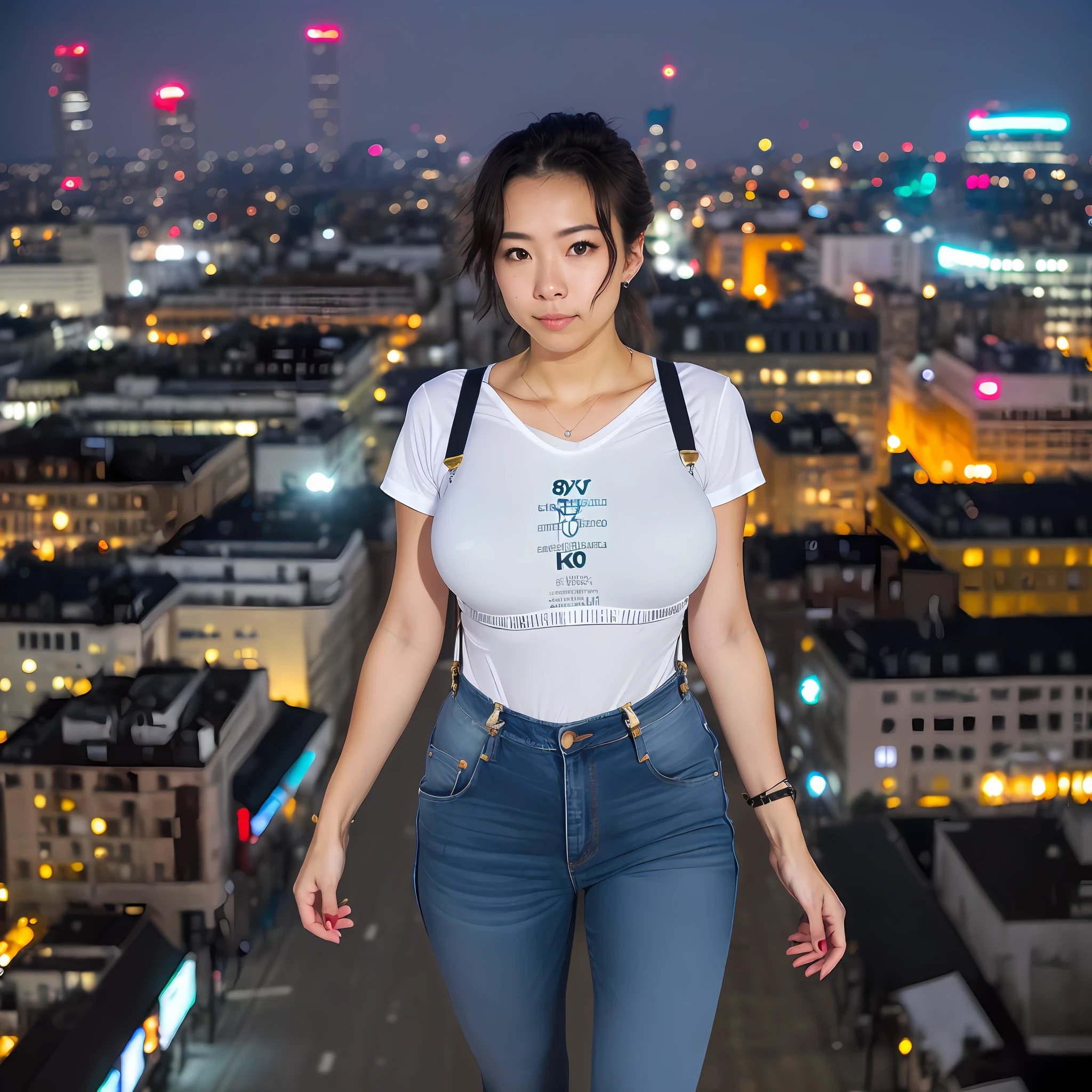 ((midynight, Need, 8k, tmasterpiece:1.3)), full bodyesbian, Long legs, Focalors:1.2, perfect figure beautiful woman:1.4, Slim abs:1.1, ((Dark brown hair, huge tit:1.2）), (white tight t-shirt, Denim suspenders, standing on your feet:1.2), ((city night scene, the roof:1.3)), Highly detailed facial and skin texture, A detailed eye, 二重まぶた