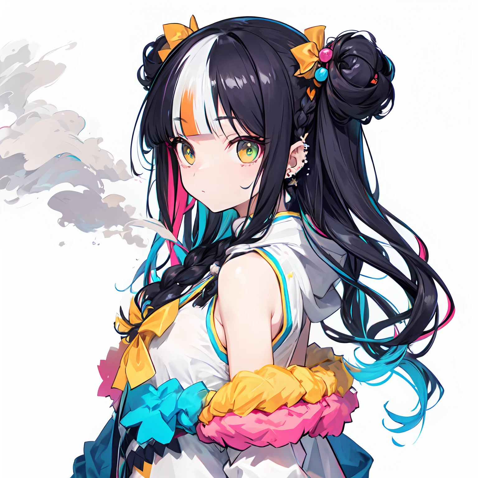 from side,solo,(hime cut:1.4),braid,dreadlocks,(drill hair,afro,ponytail,two side up,twintails,hair bun:0.8),(wavy multicolor hair:1.2),(smokeanywhere:1.4),piercing