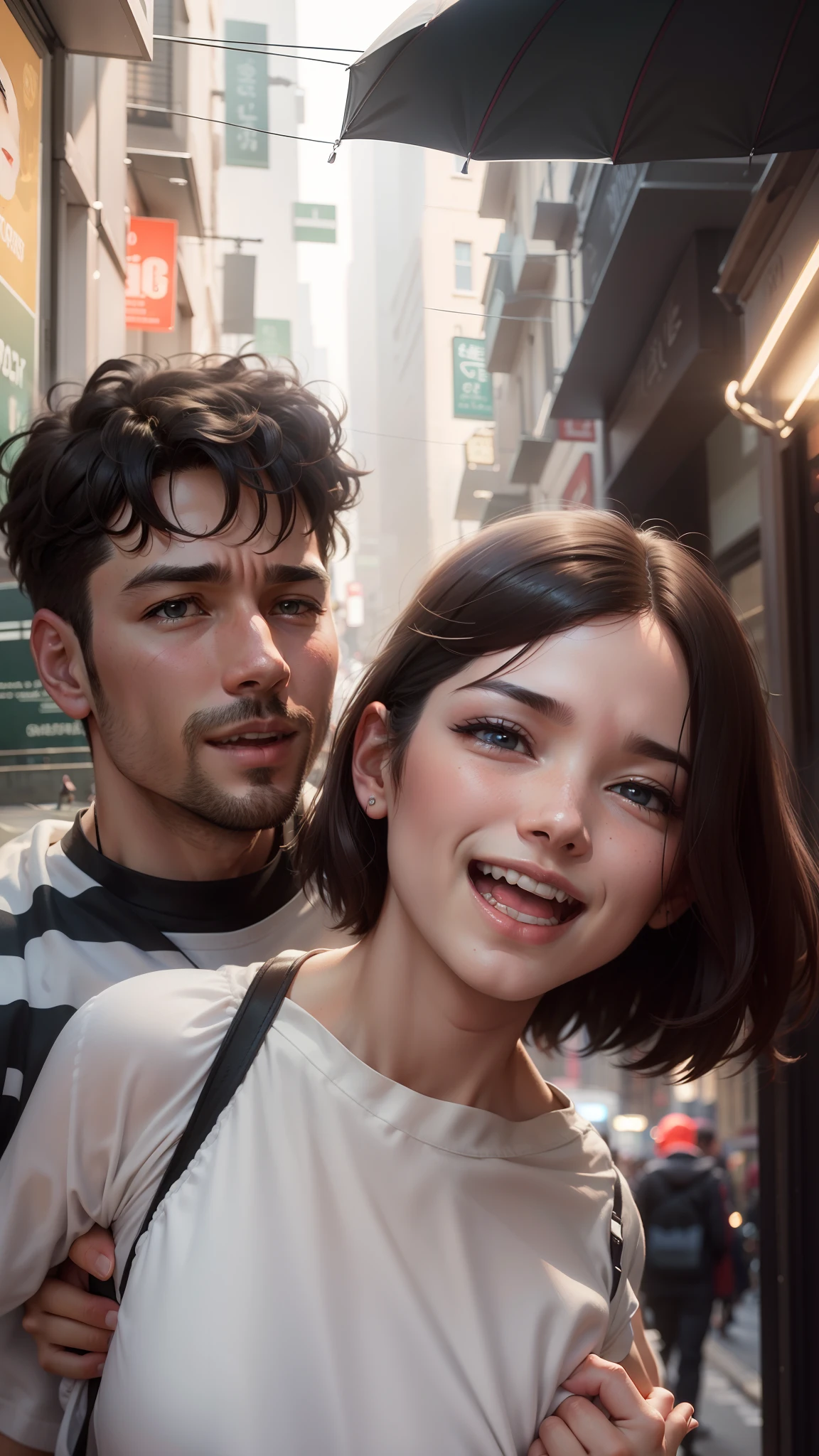 Two people walking together in the street, looking at each other with a face of passion one of the two is a man with short hair --auto --s2