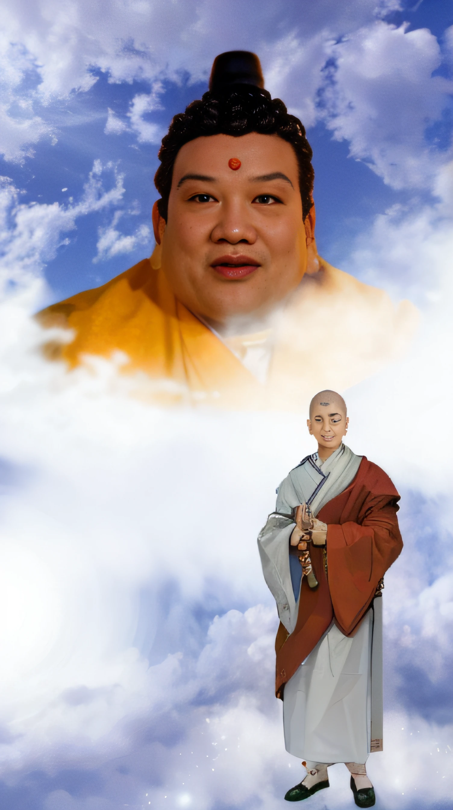 Above the blue sky and white clouds is the half-body of a Buddha，Below there is a monk in a robe, inspired by Chen Jiru, inspired by Tawaraya Sōtatsu, inspired by Ma Quan, inspired by Kaigetsudō Anchi, Deity Lisa Hannigan, Inspired by Yang Buzhi, Jaya Sulberg, inspired by Kaigetsudō Ando，8K quality，Master handwriting，hyper HD