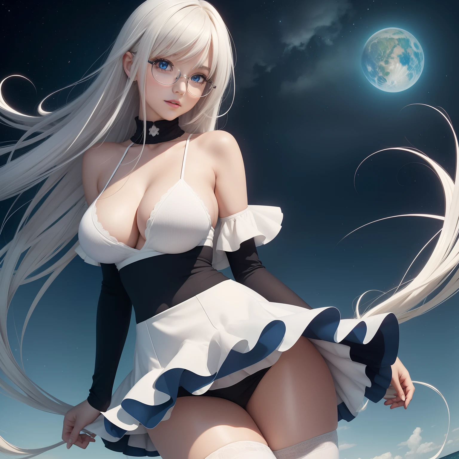 High image, Super Detail, High resolution, Anime, Manga, Illustration, Black Knee High Socks, thighs thighs thighs thighs, Knitted Dresses, flered skirt, Intelligent beauty, Laugh mischievously, Happy, Shy, Flowing layered Messy White Medium Shorthair, Glowing blue big eyes, Seductive moist red lips, medium breasts, under the boobs, sideboob barbosa, Perfect proportions, slender, Full body, Glasses