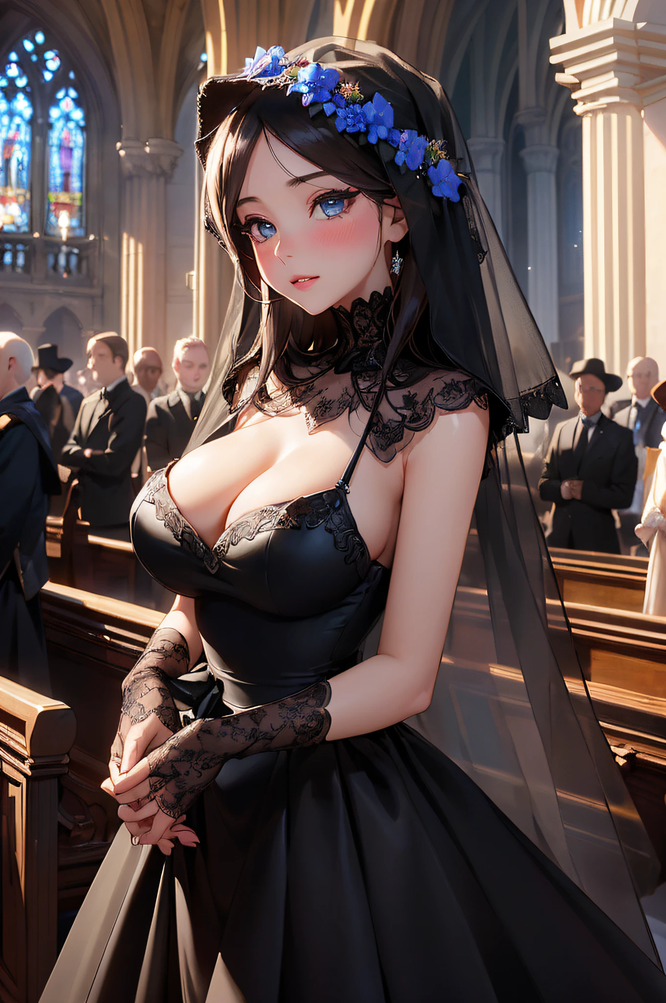 (top-quality、8k、32k、masterpiece、UHD:1.3)、(Photorealsitic:1.4)、RAW Photography, (Beautiful, Perfect, Delicate, Detailed, Convoluted, Aesthetic:1.2), Ultra-detailed, Soft light, Natural lighting, Cinematic Light, Film grain, (depth of fields), (1girl in:1.4), Perfect female shape, (bride, Wedding), (Perfect makeup, Detailed eyes, Expressive eyes, eye line, Glossy lips, blush), (huge-ed), (Black Veil:1.4), (Black Dress:1.4), cleavailed black dress, (Bouquet of blue flowers), light Particle, (In a church), (Detailed Church), (Cowboy Shot),