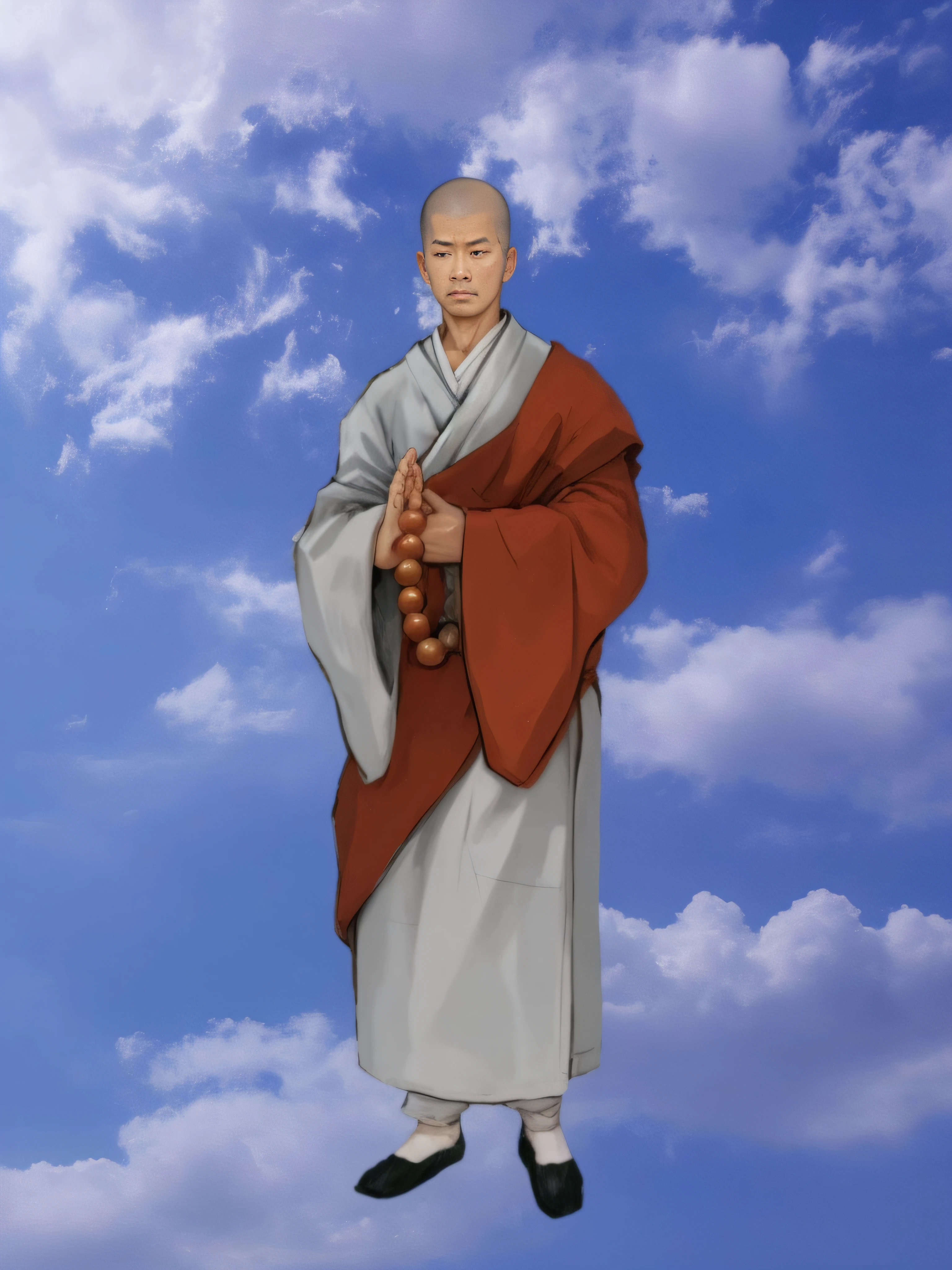 There was a monk in a robe, The left hand holds a string of Buddha beads,The right hand stands with one palm upright,Fold the hands on the chest,inspired by Chen Jiru, inspired by Tawaraya Sōtatsu, inspired by Ma Quan, inspired by Kaigetsudō Anchi, Deity Lisa Hannigan, Inspired by Yang Buzhi, Jaya Sulberg, inspired by Kaigetsudō Ando,8K quality,Master handwriting,hyper HD