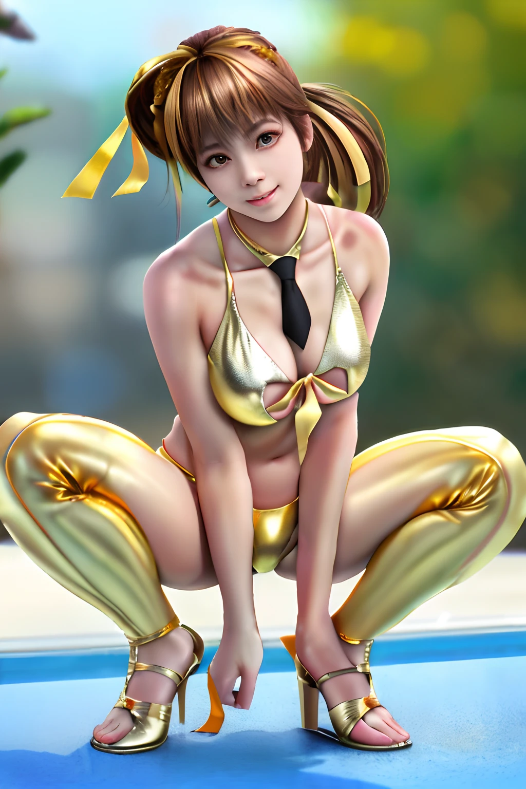 Top image quality、top-quality、8K picture quality、NSFW、1girll、full body Esbian、Haze、A smile、embarrassed from、red blush、Beautiful fece、light brown hair、poneyTail、(Tie your hair with a yellow ribbon:1.2)、Colossal tits、(Gold Metallic:1.4)、(Sleeveless)、(High neck competitive swimsuit)、(highleg)、(Crotch penetration)、(pin heels)、Squatting on the ground、Wake up the body、Straighten your back、(Open your crotch wide from side to side)、((Licking the nipples:1.2))、gazing at viewer、((Face the viewer:1.4))、((Show viewers your crotch:1.4)) 、((Frontal shot:1.4))、in poolside、profetional lighting、professional photograpy、sweat、