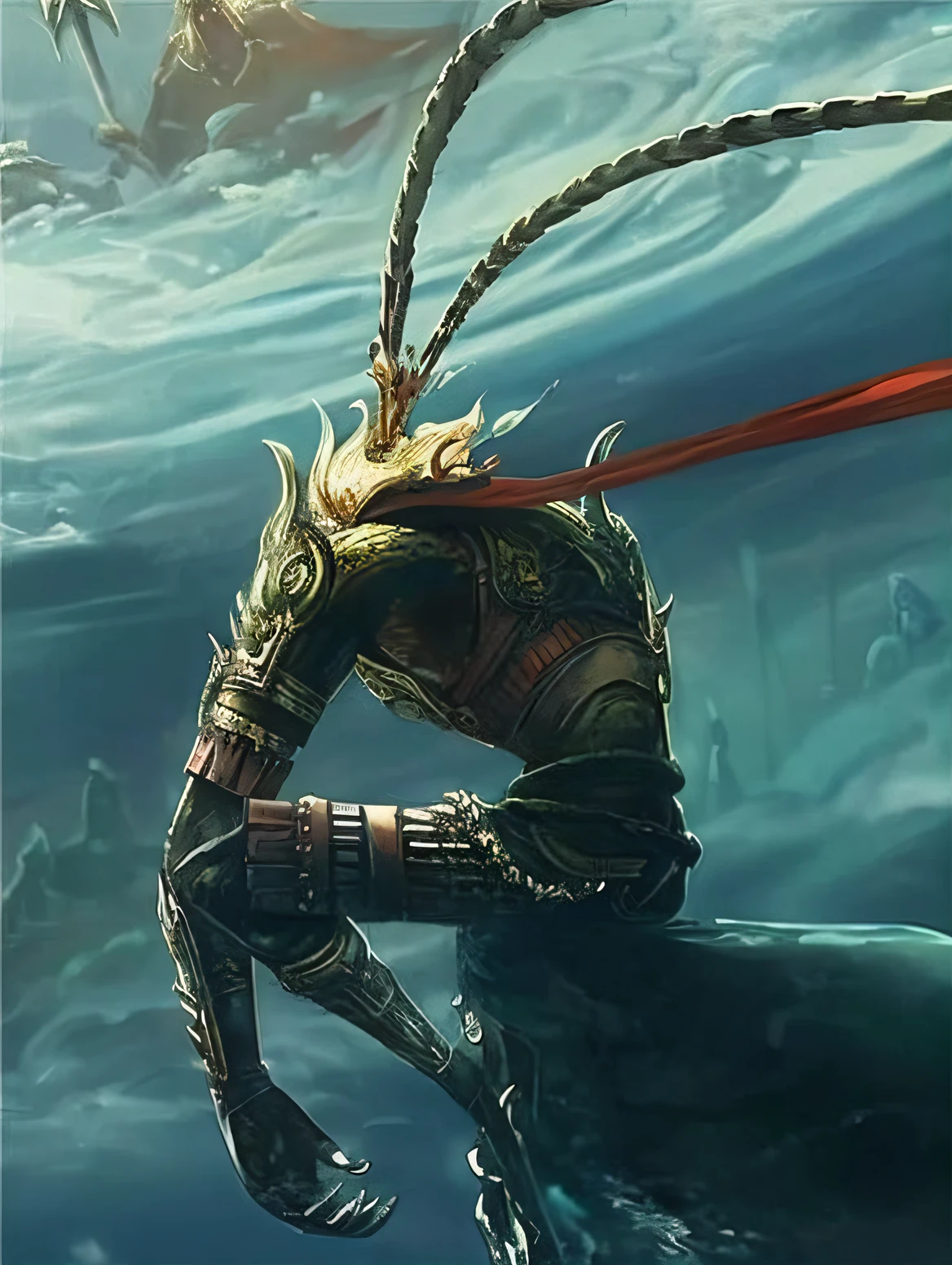 Close up of a man on a surfboard with fish, Guan yu, mohrbacher, Inspired by Huang Shen, In the artistic style of Morebach, style of peter mohrbacher, Epic fantasy digital art style, Epic fantasy style art, Epic fantasy art style, style of peter mohrbacher, Epic fantasy character art, son goku