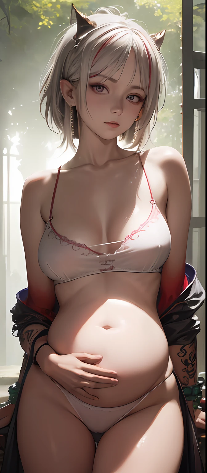 8K portrait of a young girl with short hair and tanned skin, Transparent wet underwear, Uncovered breasts, Large breasts, see through fabric, cut fabric, elegant, Highly detailed, Majestic, Digital photography, Surreal painting, nakeness, Crotch, Beautiful (Masterpiece, Side lighting, fine detailed beautiful eyes: 1.2), hdr,Pregnant women with