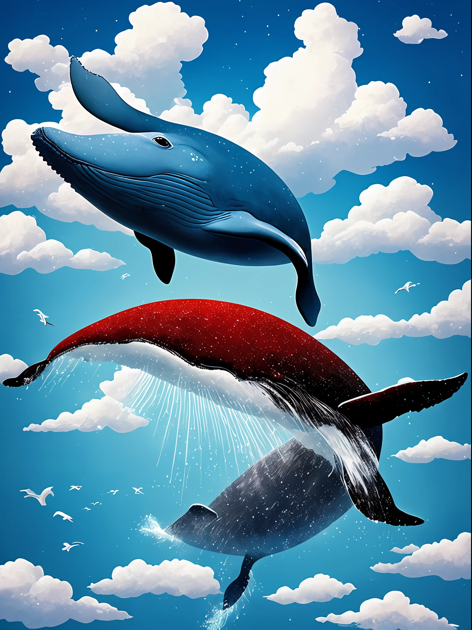 The blood-colored whale is covered with eyes and swims in the clouds