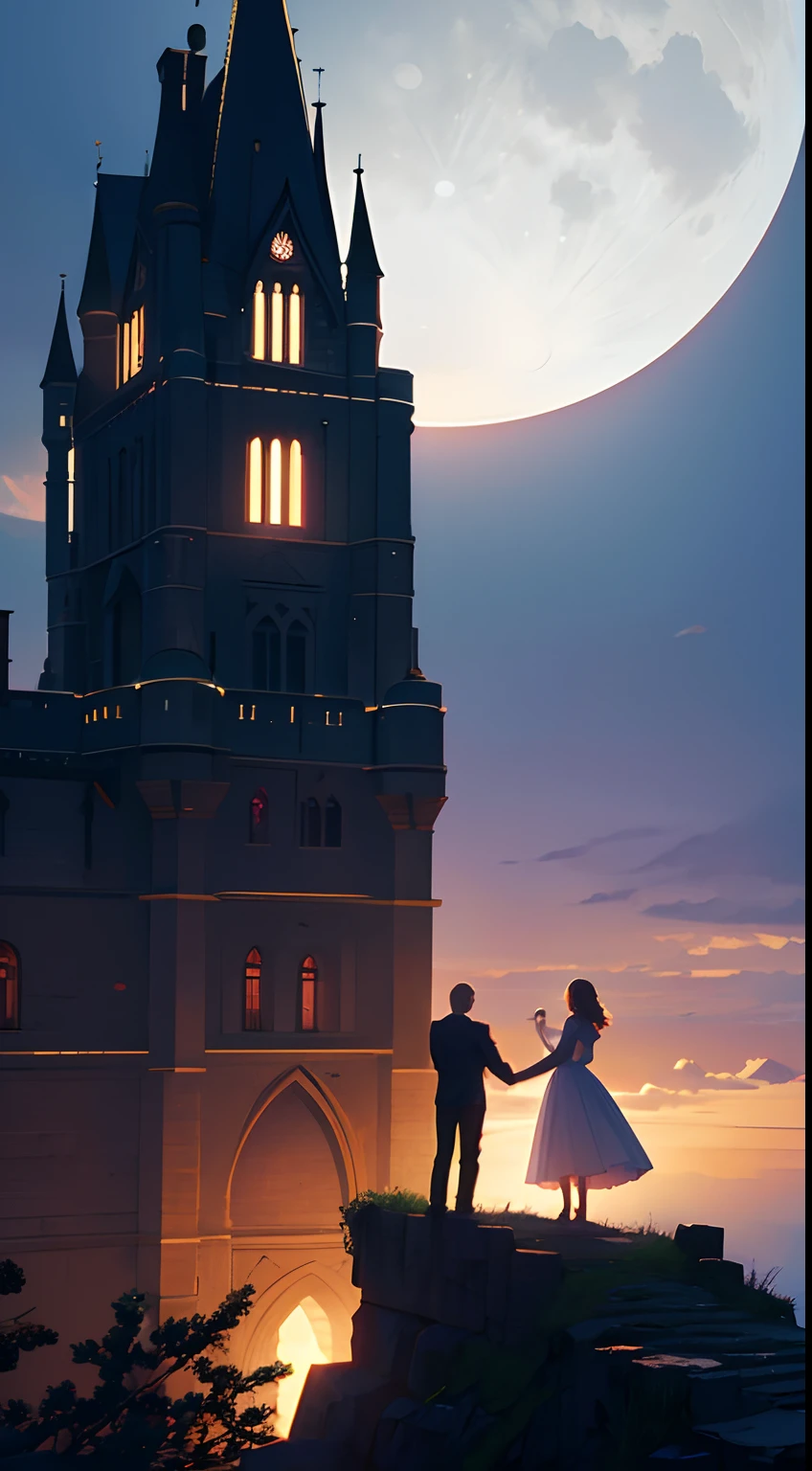 (8k), Ultra resolution 8K, Romantic illustration, Couple standing at the top of a castle, Huge full moon behind, mar, romantic lighting, natural lighting