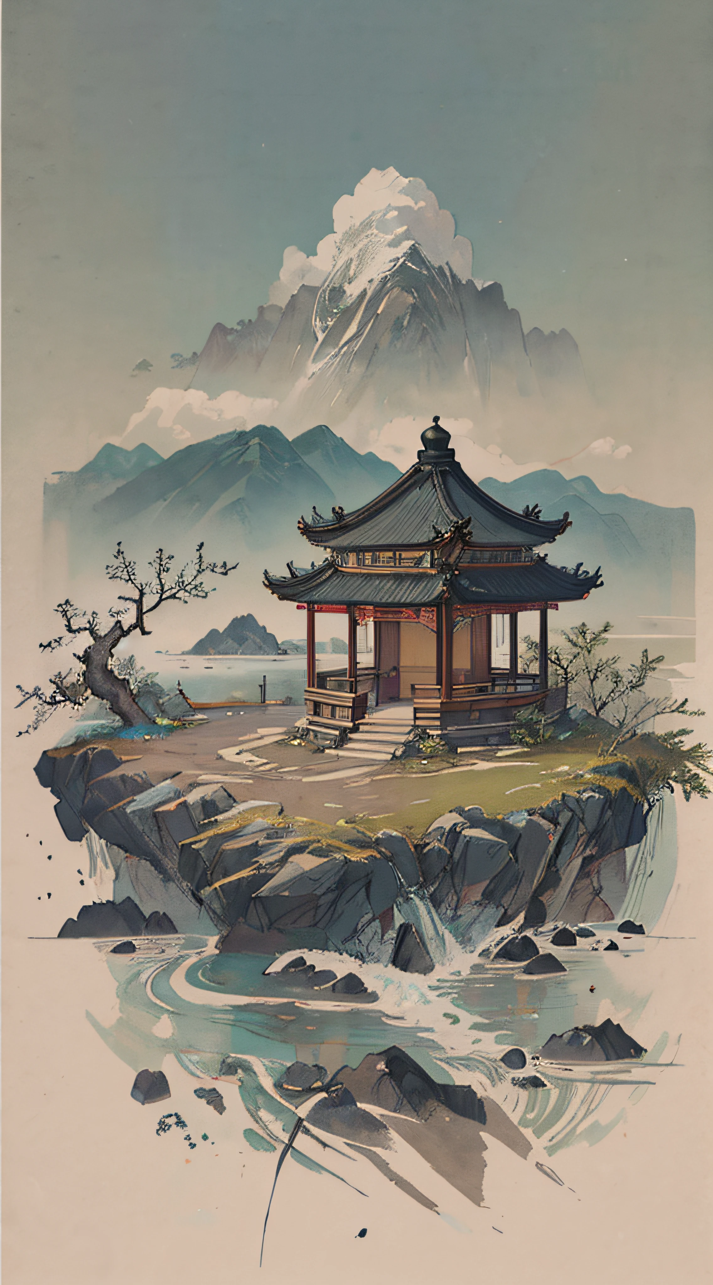 超高分辨率，tmasterpiece，8k，Wallpapers，HighestQuali，extremely detaile，Shen Mengxi's painting "Qianli Jiangshan" depicts a landscape in the style of the Song Dynasty, using meticulous brushwork combined with a touch of freehand brushwork. Among the layered mountains and peaks, pine trees grow, and there is a light green lake with a mirror-like surface. A stone bridge with a pavilion connects two mountains. In the distance, there are continuous far-off mountains and a pale blue sky ((without any clouds)), The setting sun hangs in the sky, creating a captivating scene,claborate-style painting,pixel world,a photo of shanshui by jinliang,zydink