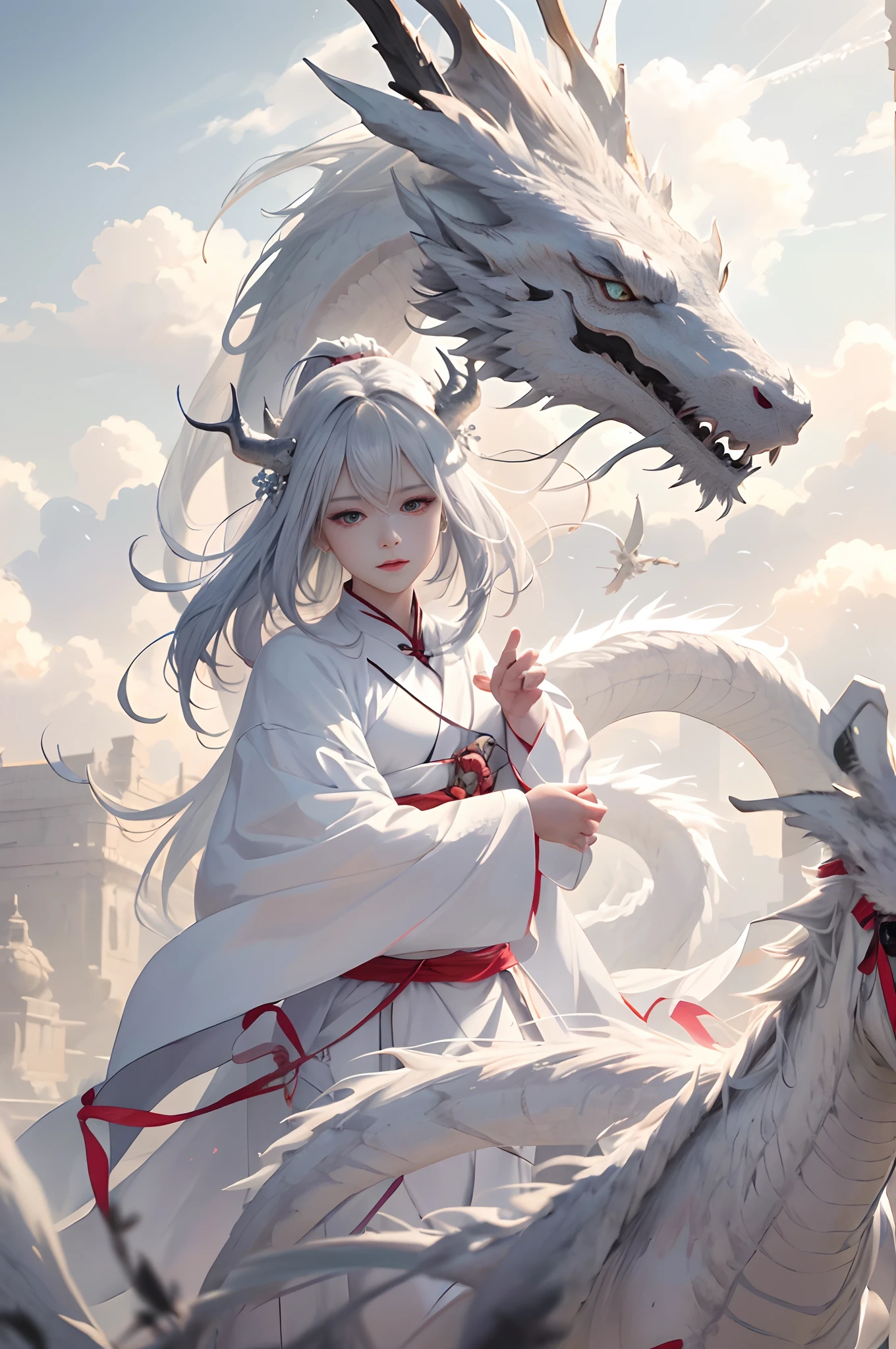 White Dragon、Beautiful fece、clouds、flying though the air、 Art Station, poster for, Volume Lighting, extra detailed face, 4k wallpaper, silver-haired girl, Long flowing hair, Dynamic perspective,, White Gauze Flying, Sexy, Traditional Chinese Ink Painting, Surrounded by Clouds and Mist, myst, white dragon、Ride Dragon Head, White Dragon Horns,