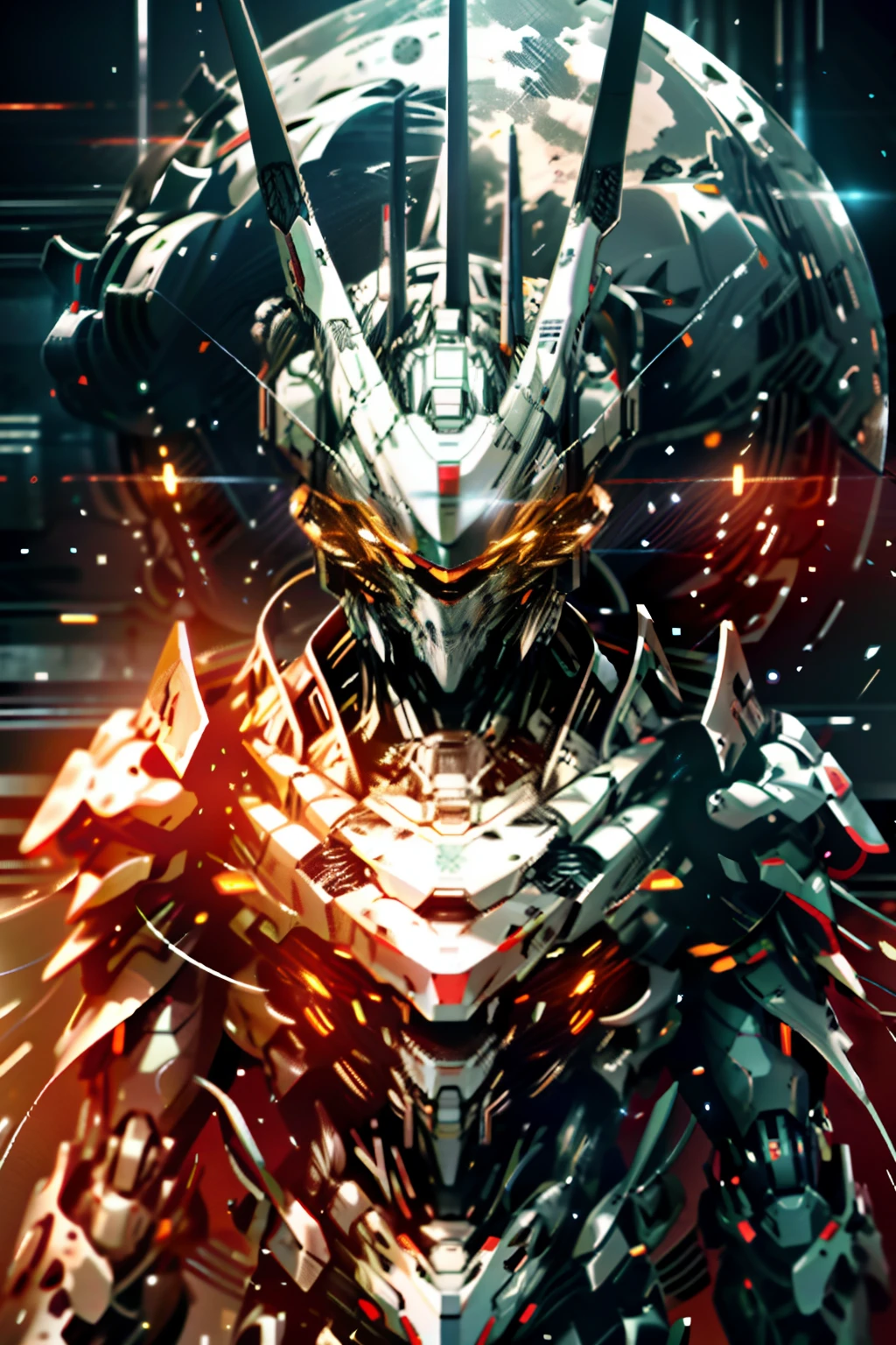 on moon，The whole body of the orange mech glows，holding a longsword，without humans，Robot accompaniment，The robot's eyes also sparkled，Surrounded by a sci-fi city under neon lights，At this moment, He seems to appear in a real and illusory world，The background of the Milky Way is dotted with poetic neon lights，Create a cyberpunk-like futuristic feel。4K
