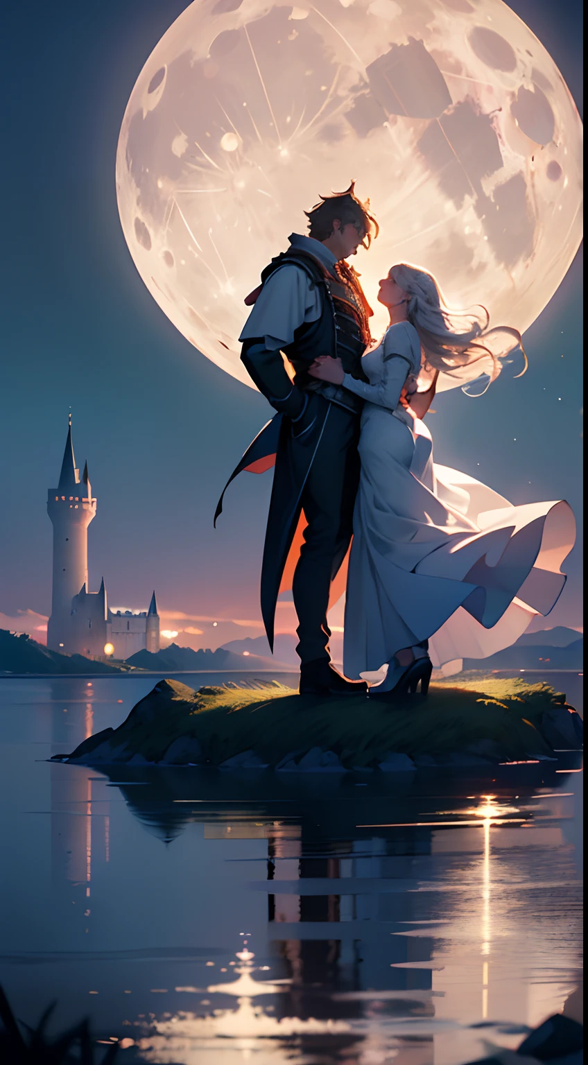 (8k), Ultra resolution 8K, Romantic illustration, (Couple standing at the top of a castle, primer plano) ,Huge full moon behind,Sea reflecting moonlight Romantic lighting, natural  lighting