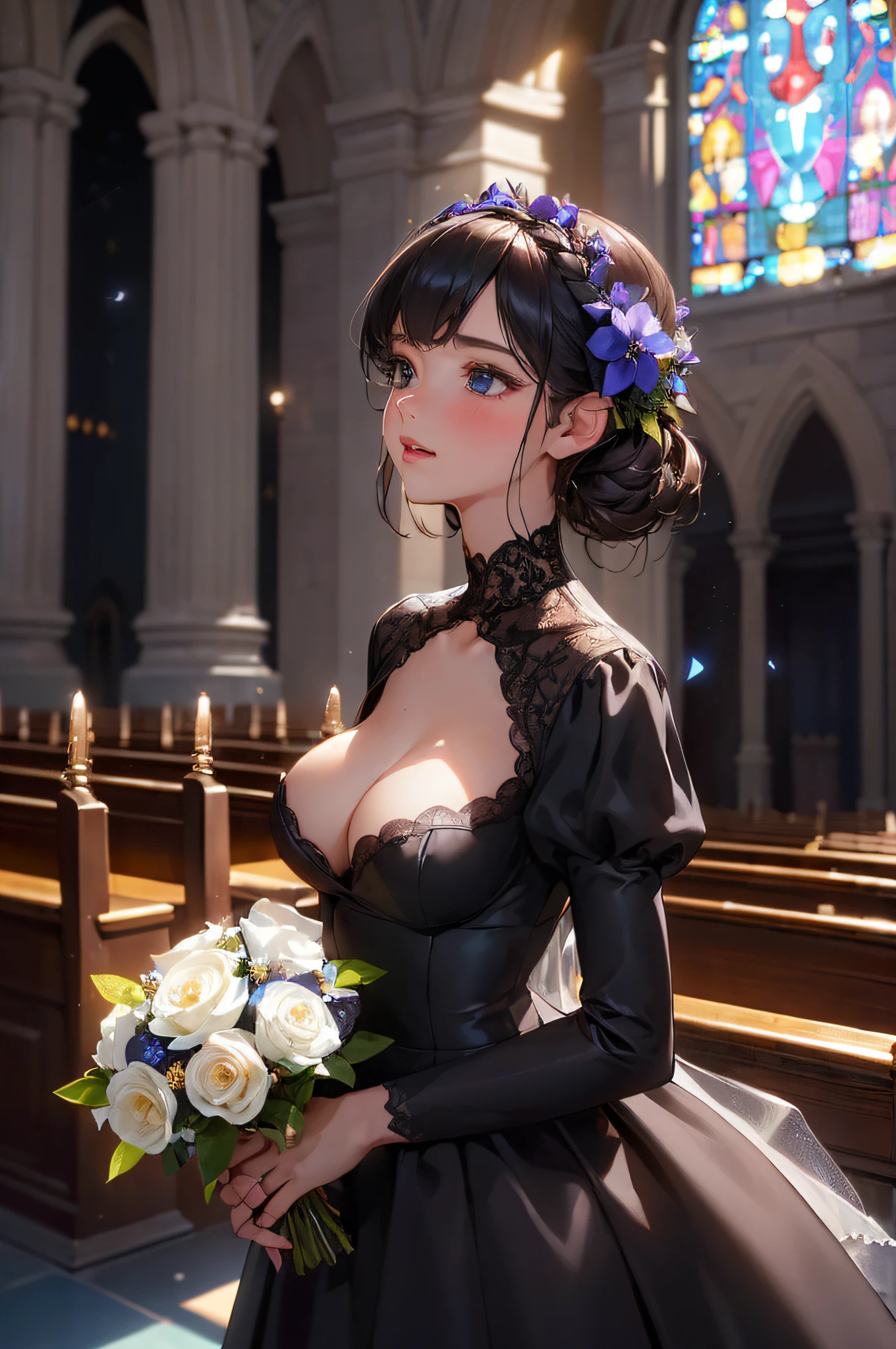 (masuter piece, Best Quality:1.4), (Beautiful, Perfect, Delicate, Detailed, Convoluted, Aesthetic:1.2), Ultra-detailed, Soft light, Natural lighting, Cinematic Light, Film grain, (depth of fields), (1girl in:1.4), Perfect female shape, (bride, Wedding), (Perfect Makeup, Detailed eyes, Expressive eyes, eye line, Glossy lips, blush), (huge-breasted), (Blackvale:1.4), (Black Dress:1.4), cleavage, Detailed black dress, (Bouquet of blue flowers), light Particle, (In a church), (Detailed Church), (Cowboy Shot),