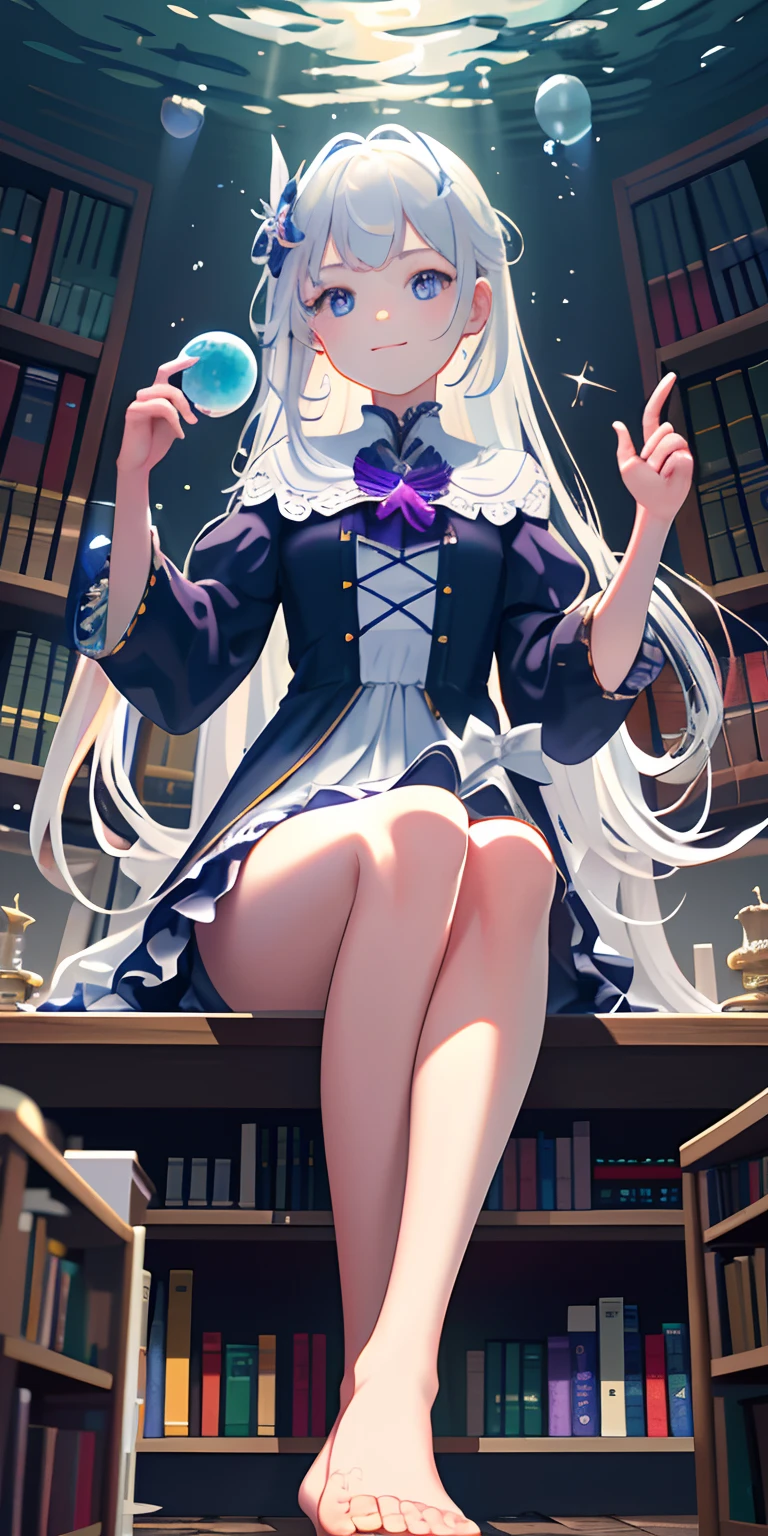 [(Transparent background:1.5)::5],(((Masterpiece))),(((Best quality))),(((Extremely detailed))),illustration, 1girll,Solo,mysterious,vivd colour,Shiny, Underwater transparent sealed hemispherical glass dome, (White hair),(Purple eyes), full bodyesbian,Barefoot,Long hair is calm and natural, Koi,Underwater, Dome,Close up,Dynamic actions,Lens perspective,(((Box composition))),sitting cross-legged，Leaning against the bookshelf, voluminetric lighting, multi colored eyes, Detailed eyes, ultra - detailed,Light smile, Highly detailed, Beautiful, small detailed, Ultra detailed, Best quality, Intricate, 4K, 8K, trending on artstationh, Good anatomy, Beautiful lighting, Award-winning,