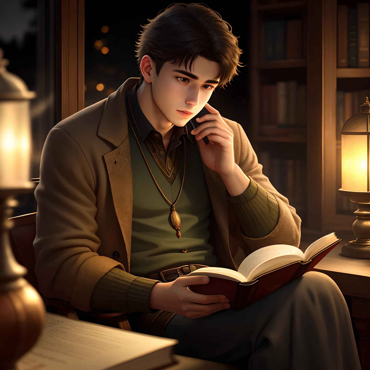 A young man reads an old book,at twilight,warm atmosphere,The atmosphere of the culture, (tmasterpiece) (perfectly proportions) (photograph realistic) (best qualtiy) (A detailed) (8k) (HDR) (Wallpapers) (cinmatic lighting) (Sharp focus) (iintricate)