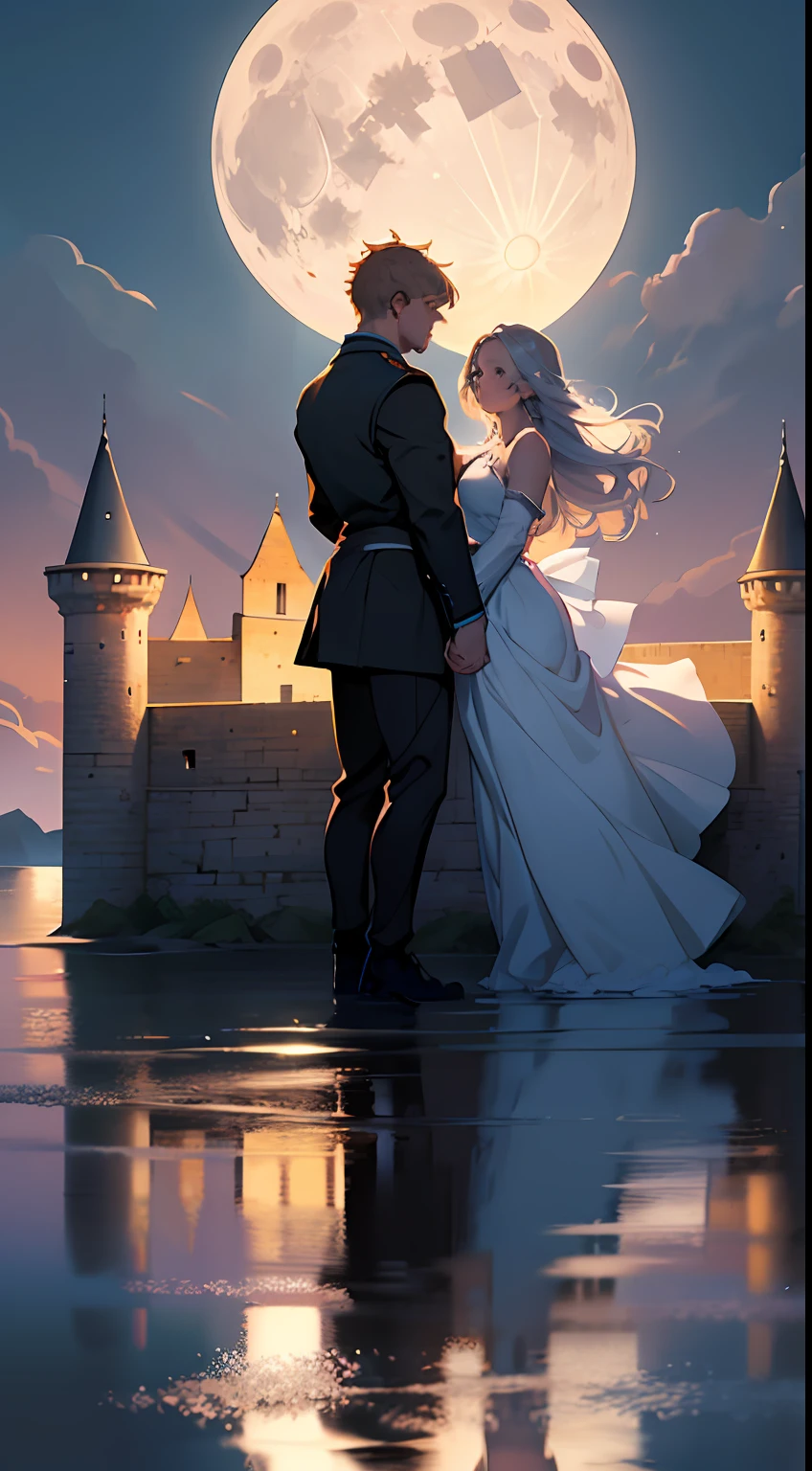 (8k), Ultra resolution 8K, Romantic illustration, (Couple standing at the top of a castle, primer plano) ,Huge full moon behind,Sea reflecting moonlight Romantic lighting, natural  lighting