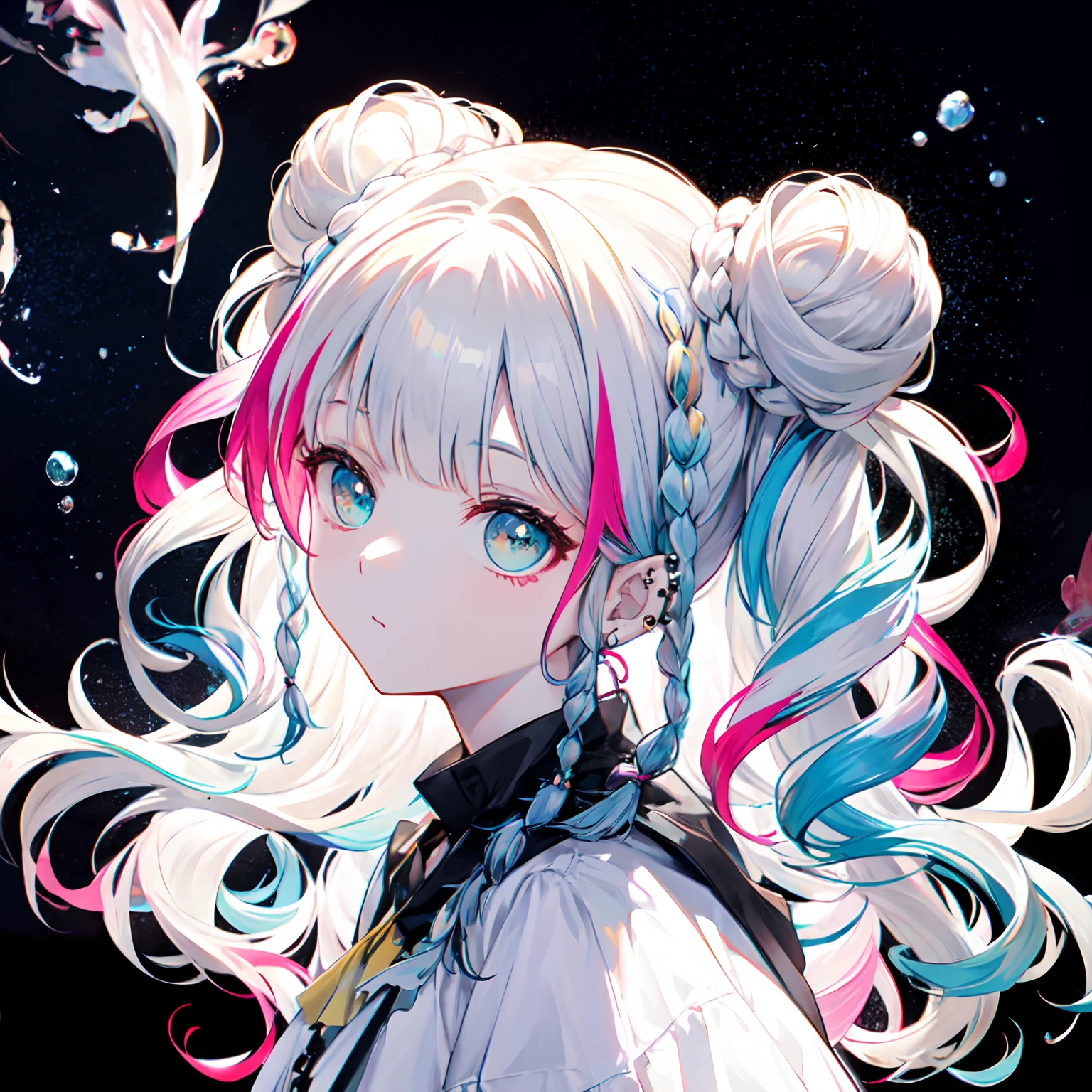 from side,solo,(braid:1.4),two side up,dreadlocks,(drill hair,hime cut,afro,ponytail,twintails,hair bun:0.8),(wavy multicolor hair:1.2),(smokeanywhere:1.4),piercing